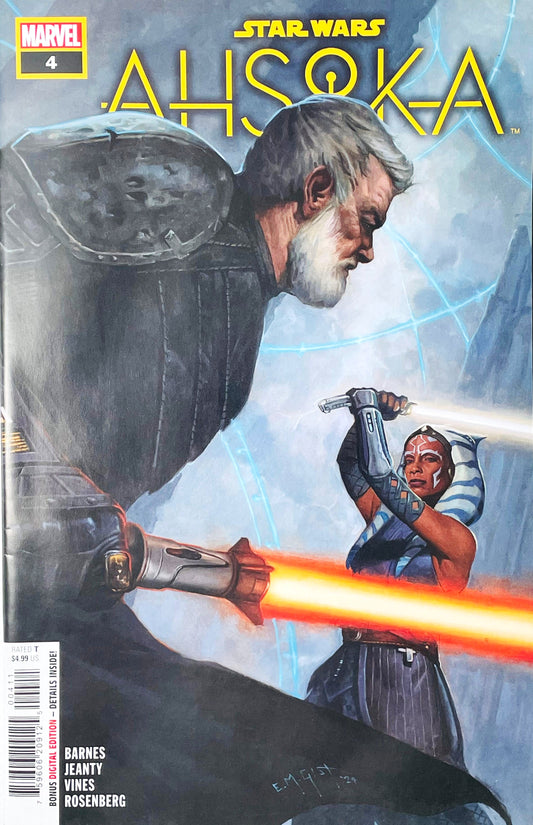 Star Wars Ahsoka #4 2024 Marvel Comics E.M. Gist cover featuring Ahsoka Tano wielding a lightsaber against a large armored figure