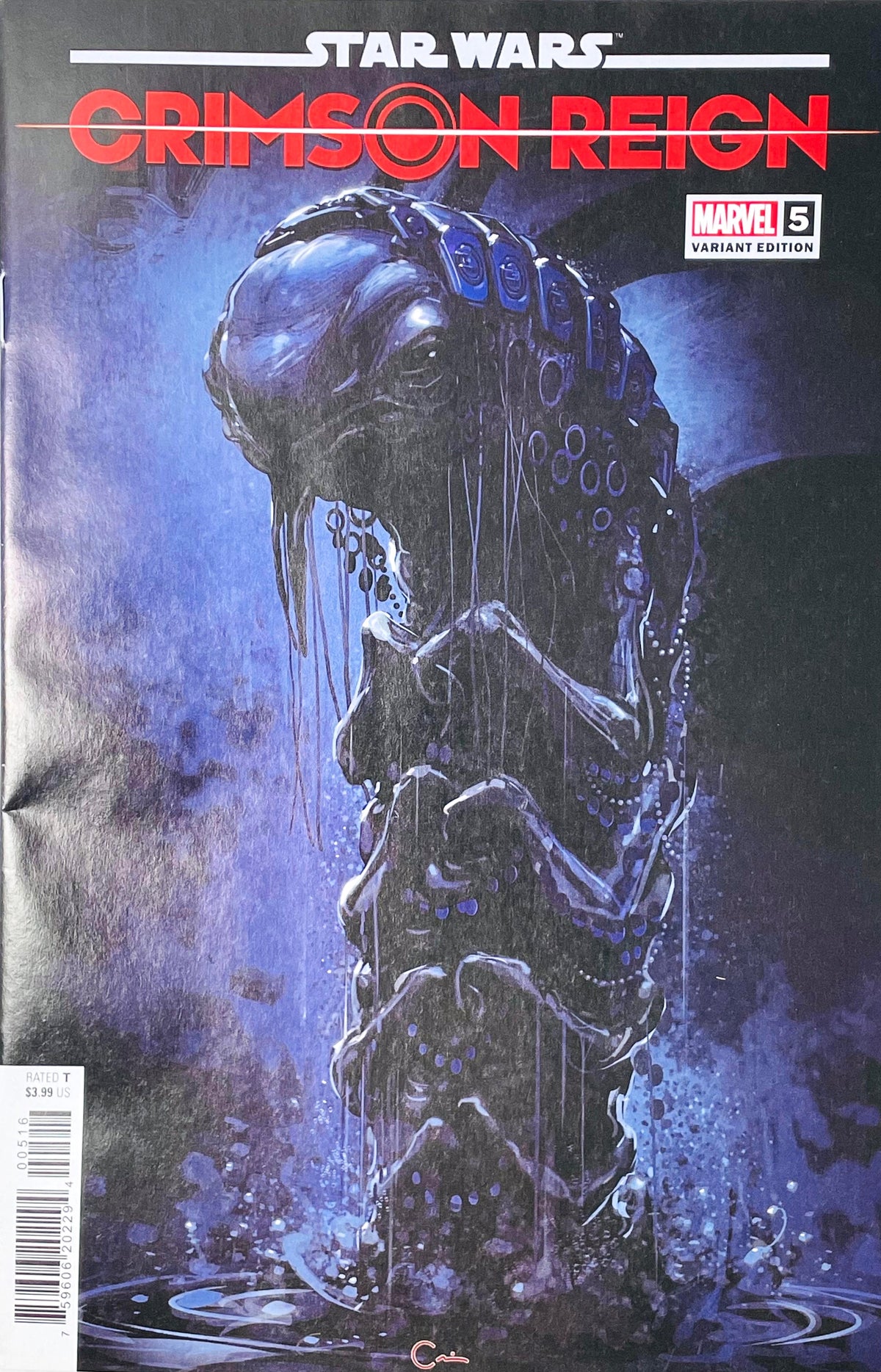 Star Wars Crimson Reign issue 5 comic book published by Marvel Comics featuring Clayton Crain variant cover art of the Archivist creature emerging from purple water.