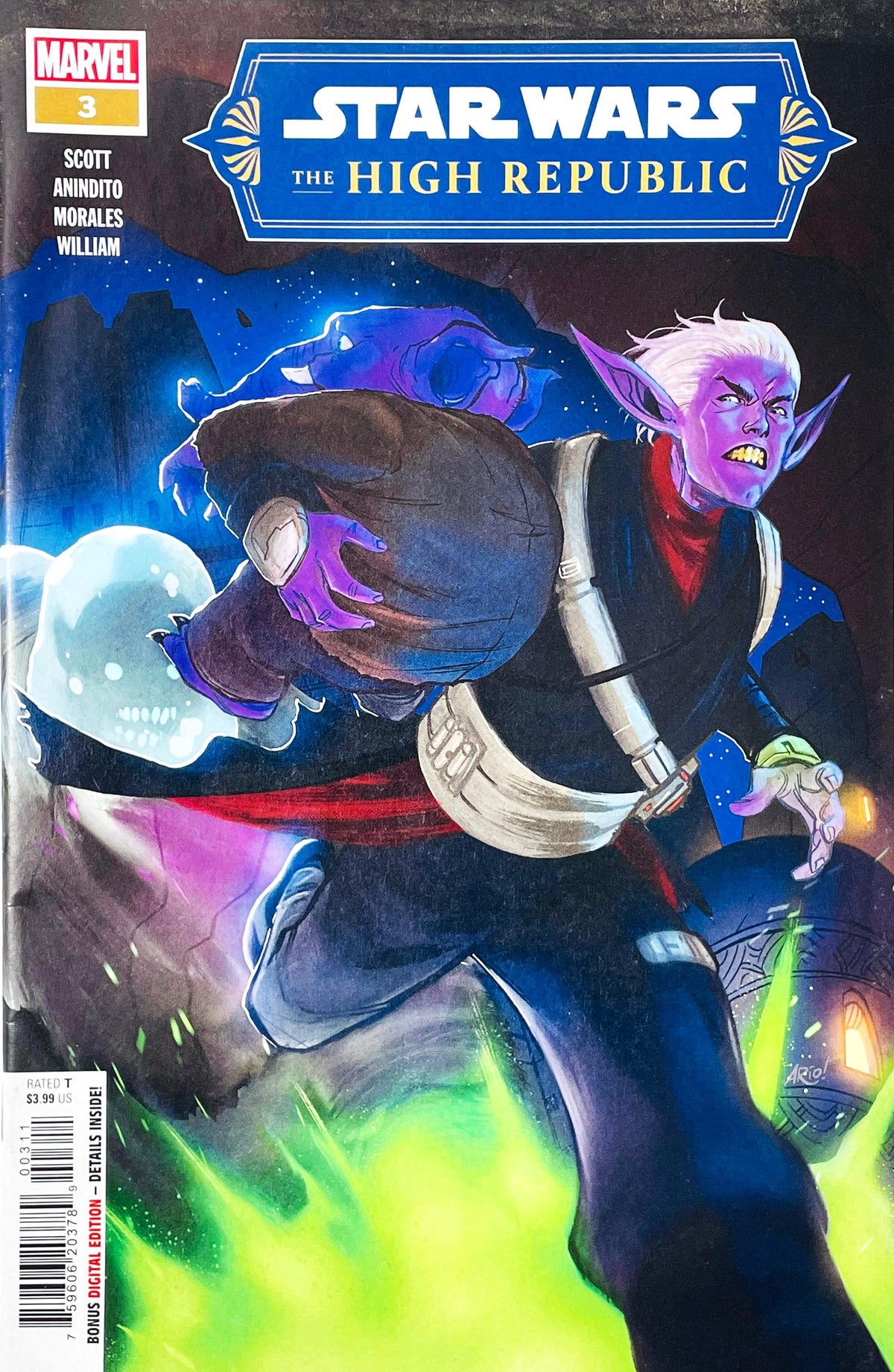 Star Wars The High Republic issue 3 comic book published by Marvel Comics featuring Phil Noto cover art of purple-skinned Sephi Jedi Terec running with a comrade against a green energy glow.