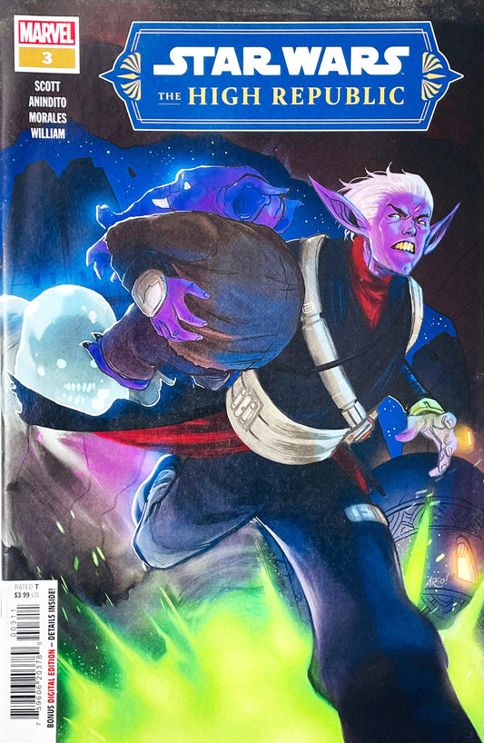 Star Wars The High Republic issue 3 comic book published by Marvel Comics featuring Phil Noto cover art of purple-skinned Sephi Jedi Terec running with a comrade against a green energy glow.