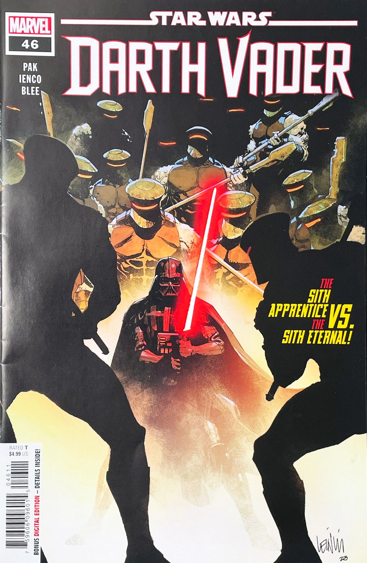 Star Wars Darth Vader issue 46 comic book published by Marvel Comics featuring Leinil Francis Yu cover art of Darth Vader igniting a red lightsaber against glowing Sith Eternal cultists.