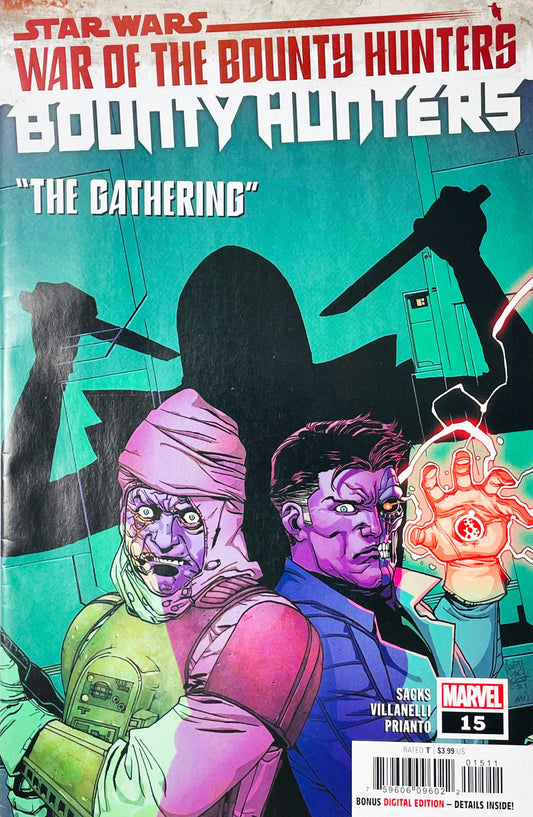 Star Wars Bounty Hunters issue 15 comic book published by Marvel Comics featuring Giuseppe Camuncoli cover art of cyborg Beilert Valance and Dengar in front of a shadowed assassin silhouetted against a teal background.