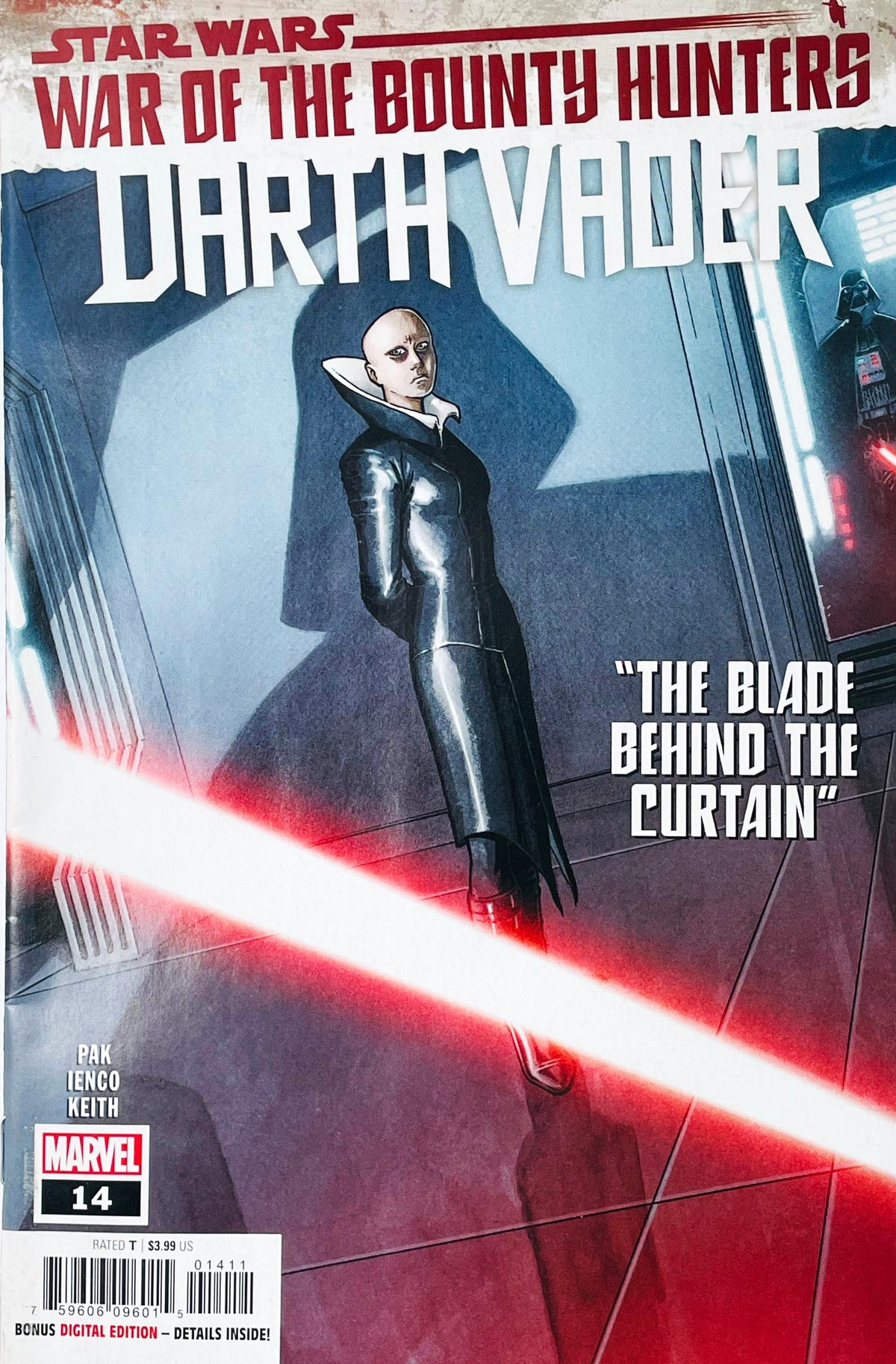 Star Wars Darth Vader issue 14 comic book published by Marvel Comics featuring Aaron Kuder cover art of Ochi of Bestoon standing under a giant shadow of Darth Vader sliced by a red lightsaber beam.