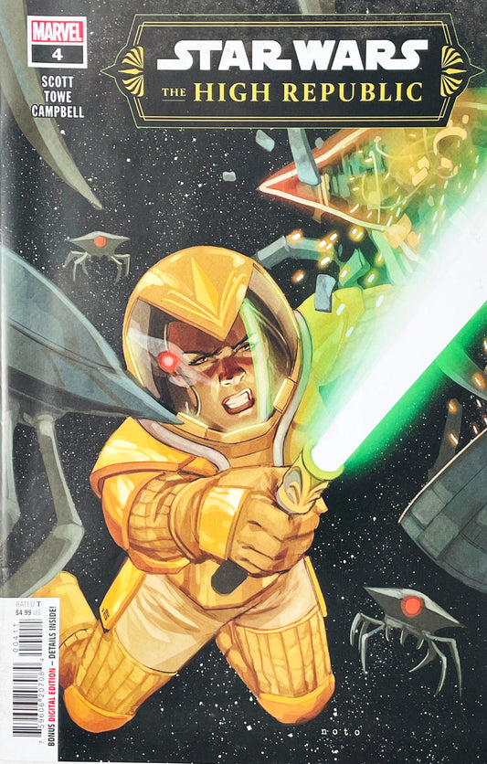 Star Wars The High Republic issue 4 comic book published by Marvel Comics featuring Phil Noto cover art of a Jedi in a yellow space suit wielding a glowing green lightsaber amidst space debris.