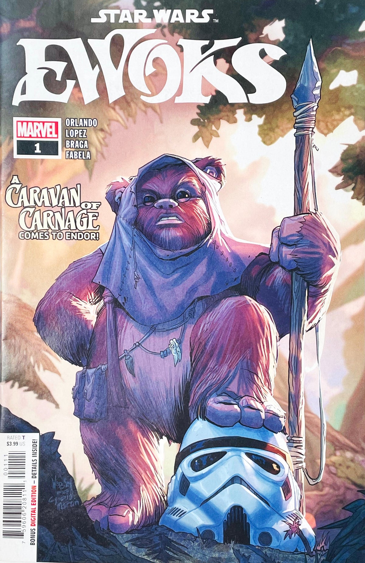 Star Wars Ewoks issue 1 comic book published by Marvel Comics featuring Pete Woods cover art of a fierce Ewok holding a spear with a foot on a defeated Stormtrooper helmet.