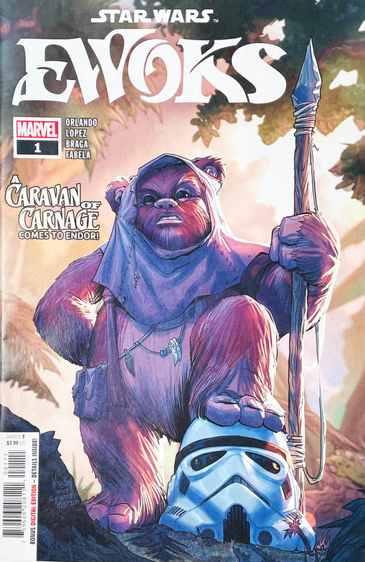 Star Wars Ewoks issue 1 comic book published by Marvel Comics featuring Pete Woods cover art of a fierce Ewok holding a spear with a foot on a defeated Stormtrooper helmet.