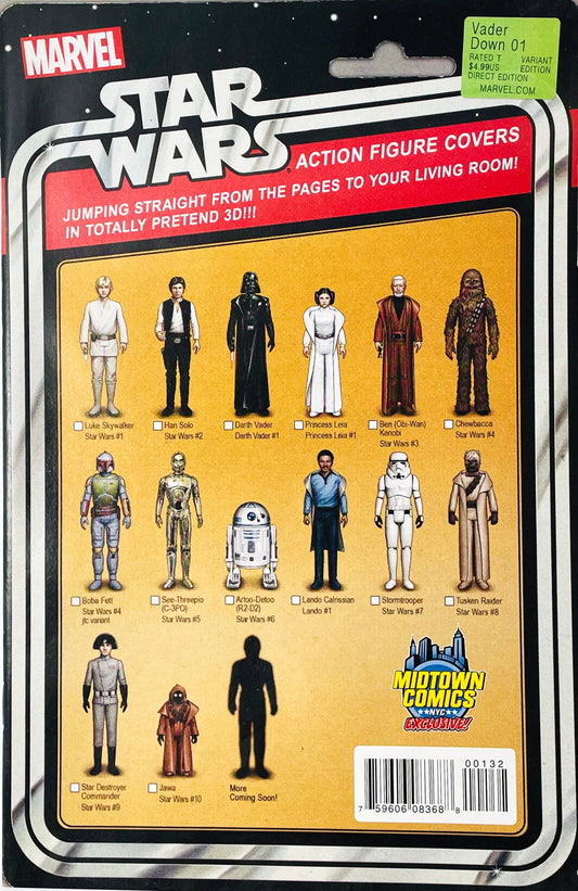 Star Wars Vader Down issue 1 comic book published by Marvel Comics featuring John Tyler Christopher Midtown Comics exclusive vintage Kenner action figure cardback checklist cover art.