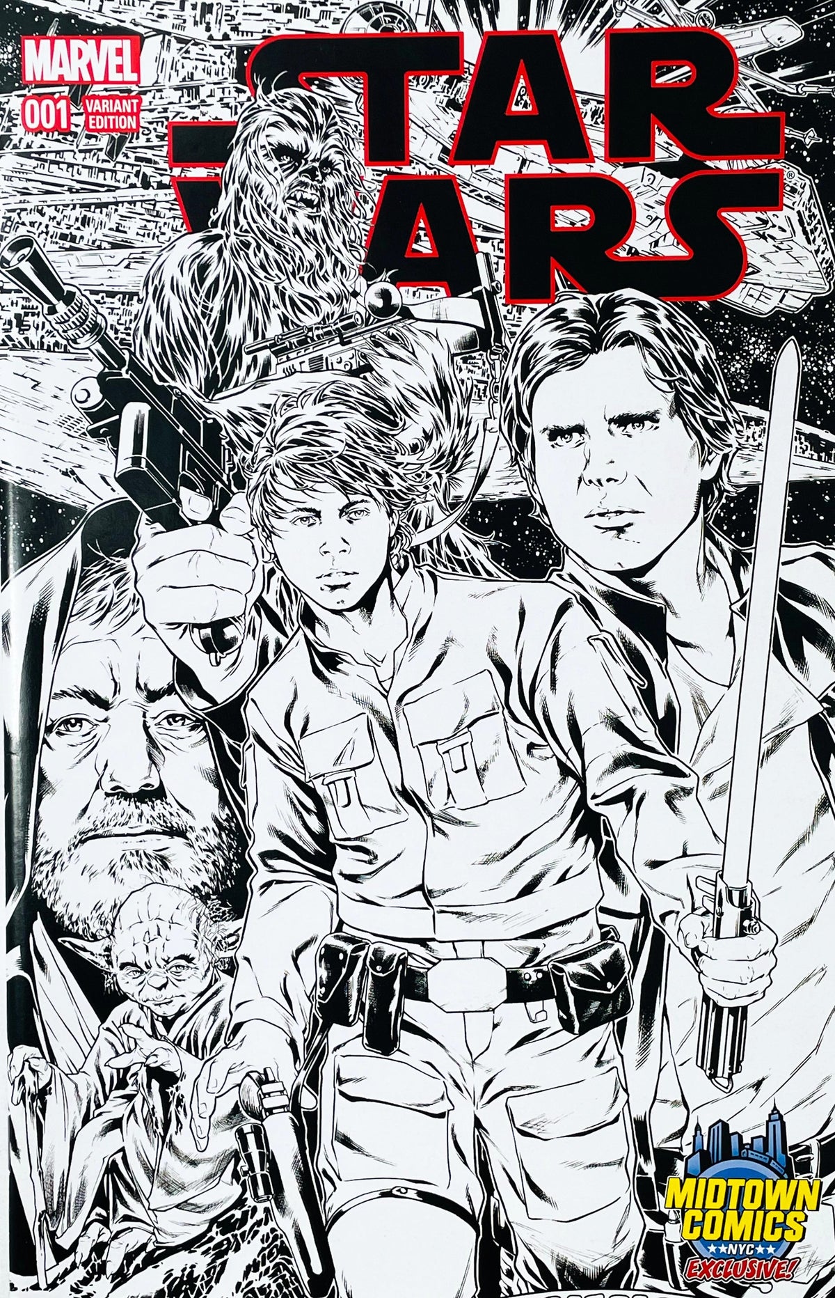 Star Wars issue 1 comic book published by Marvel Comics featuring Mark Brooks Midtown Comics exclusive black and white virgin variant cover art of Luke Skywalker, Han Solo, Chewbacca, Obi-Wan Kenobi, and Yoda.