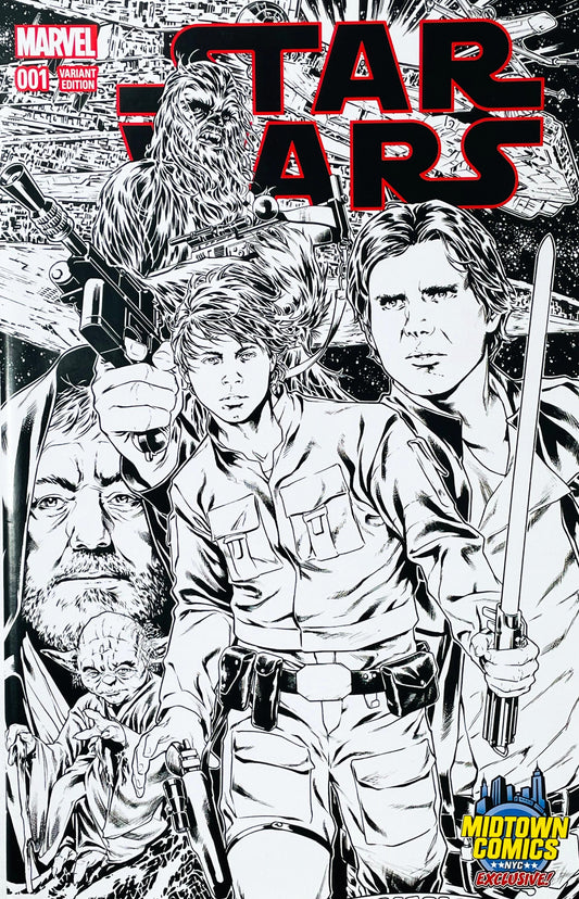 Star Wars issue 1 comic book published by Marvel Comics featuring Mark Brooks Midtown Comics exclusive black and white virgin variant cover art of Luke Skywalker, Han Solo, Chewbacca, Obi-Wan Kenobi, and Yoda.