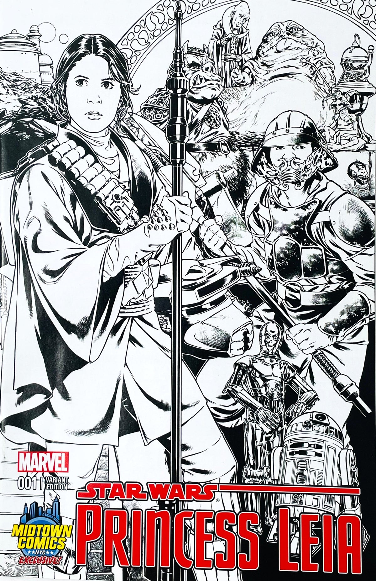 Star Wars Princess Leia issue 1 comic book published by Marvel Comics featuring John Cassaday Midtown Comics exclusive black and white variant cover art of Princess Leia, Lando Calrissian, and Jabba the Hutt.