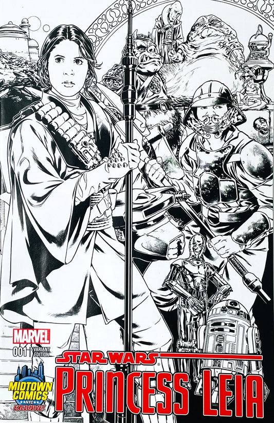 Star Wars Princess Leia issue 1 comic book published by Marvel Comics featuring John Cassaday Midtown Comics exclusive black and white variant cover art of Princess Leia, Lando Calrissian, and Jabba the Hutt.