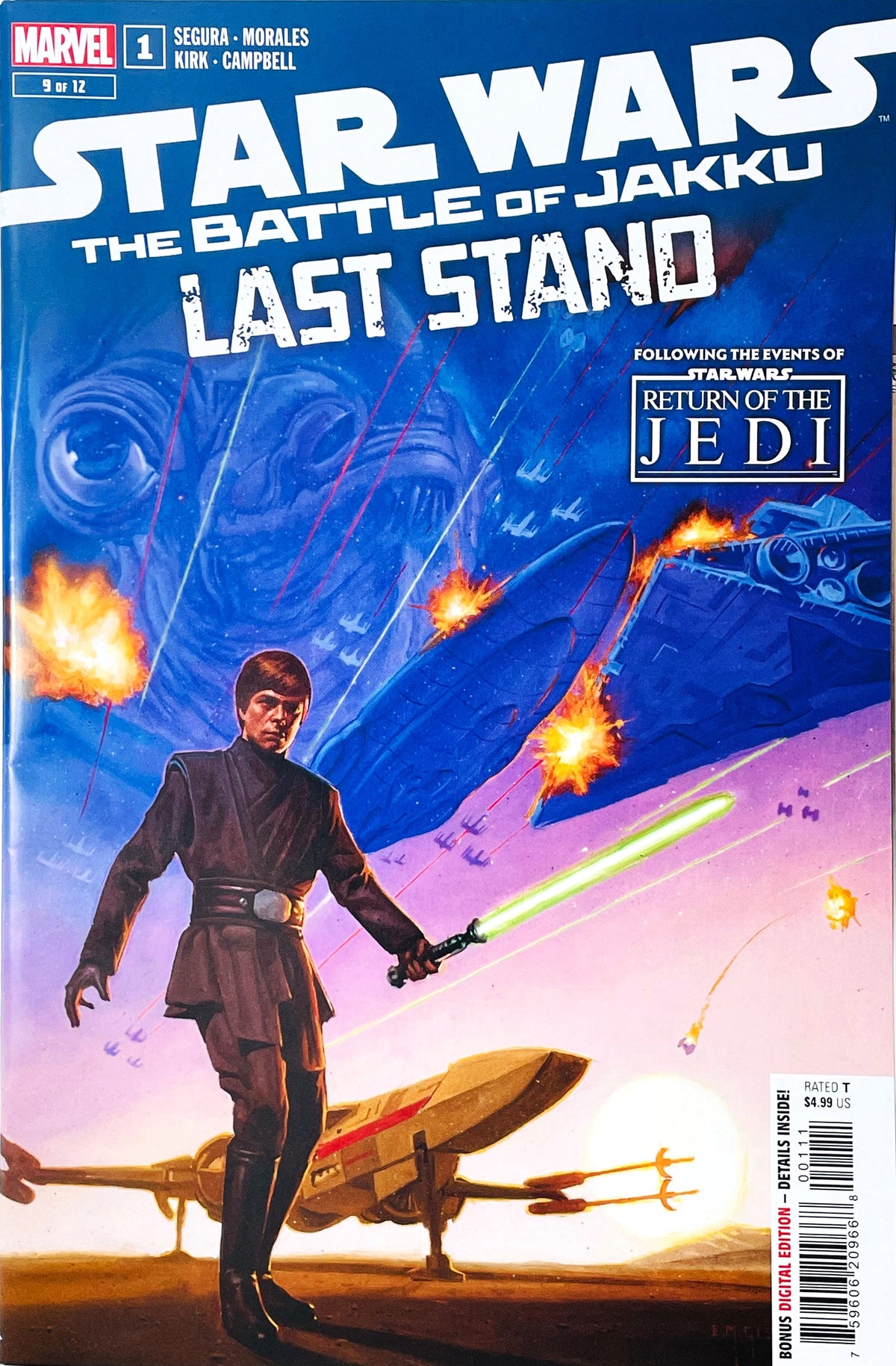 Star Wars The Battle of Jakku Last Stand issue 1 comic book published by Marvel Comics featuring E.M. Gist cover art of Luke Skywalker with ignited green lightsaber during a space battle over Jakku.