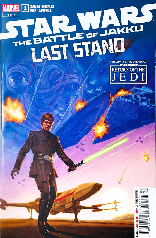 Star Wars The Battle of Jakku Last Stand issue 1 comic book published by Marvel Comics featuring E.M. Gist cover art of Luke Skywalker with ignited green lightsaber during a space battle over Jakku.
