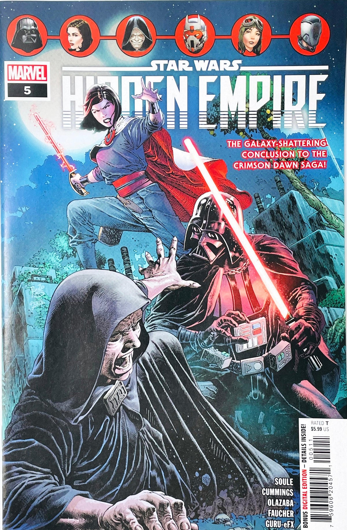 Star Wars Hidden Empire issue 5 comic book published by Marvel Comics featuring Paulo Siqueira cover art of Lady Qi'ra, Darth Vader with a red lightsaber, and Emperor Palpatine.