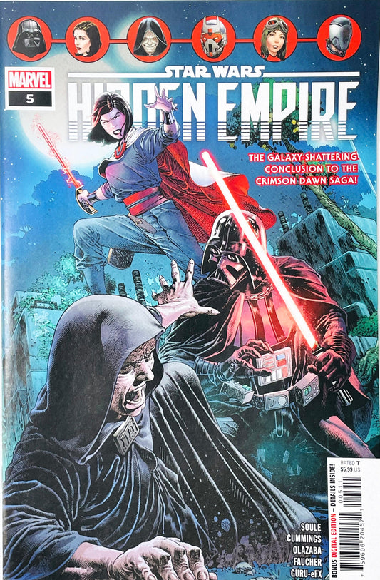 Star Wars Hidden Empire issue 5 comic book published by Marvel Comics featuring Paulo Siqueira cover art of Lady Qi'ra, Darth Vader with a red lightsaber, and Emperor Palpatine.