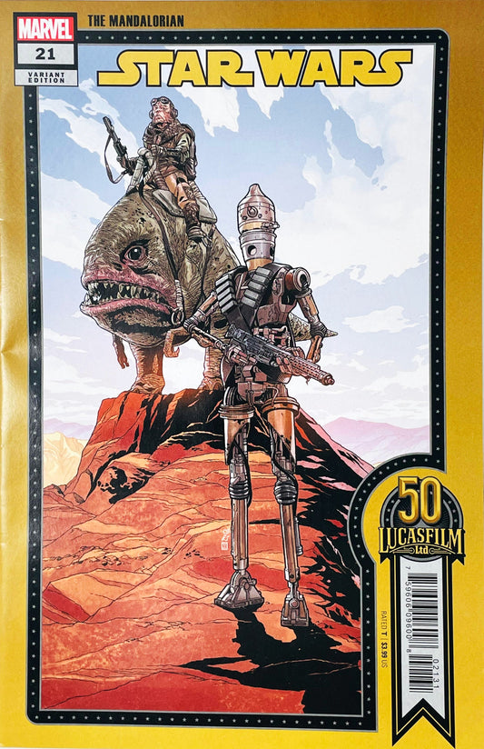 Star Wars issue 21 comic book published by Marvel Comics featuring Chris Sprouse Lucasfilm 50th Anniversary variant cover art of IG-11 and Kuiil riding a Blurrg on a rocky ridge.