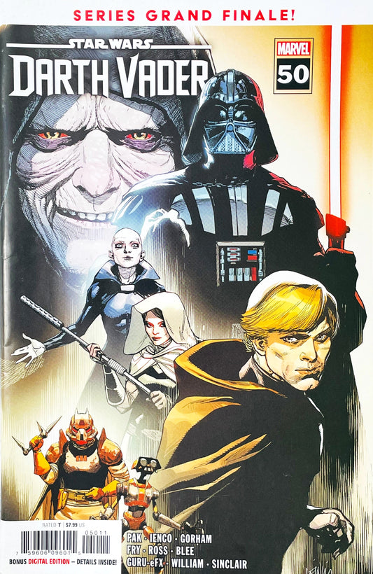 Star Wars Darth Vader issue 50 comic book published by Marvel Comics featuring Leinil Francis Yu series finale cover art of Luke Skywalker, Darth Vader, Emperor Palpatine, Sly Moore, Sabé, and Ochi of Bestoon.