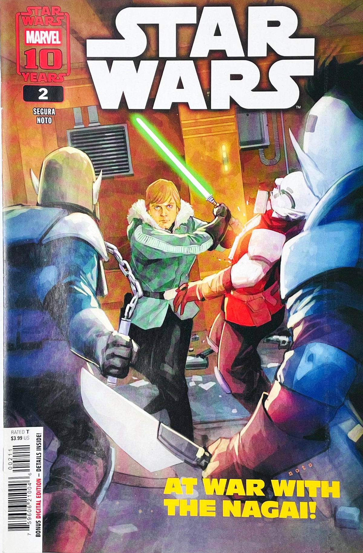 Star Wars The Battle of Jakku Insurgency Rises issue 2 comic book published by Marvel Comics featuring Phil Noto cover art of Luke Skywalker fighting Nagai warriors with a green lightsaber.