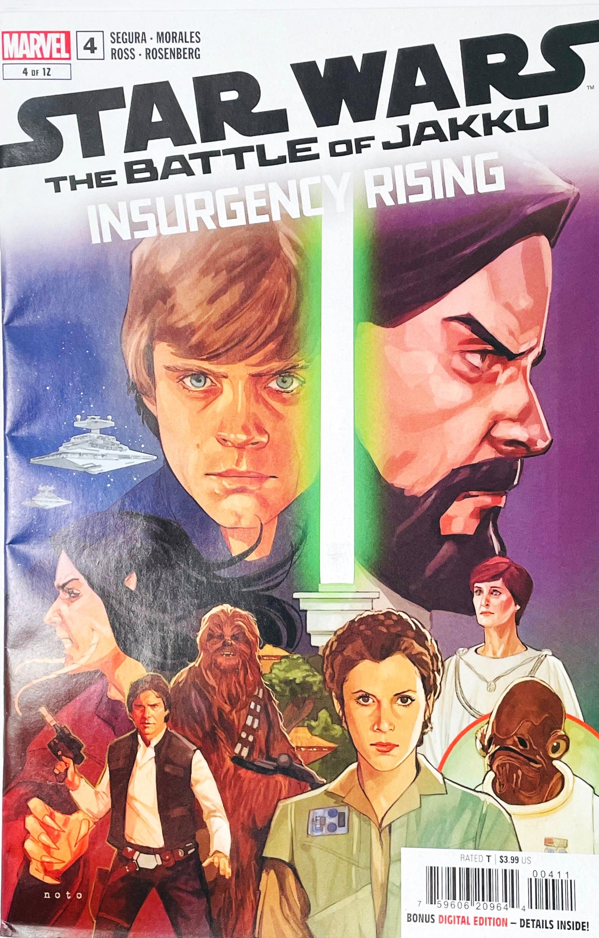 Star Wars The Battle of Jakku Insurgency Rises issue 4 comic book published by Marvel Comics featuring Phil Noto cover art of Luke Skywalker, Grand Moff Adelhard, Princess Leia, Han Solo, and Chewbacca.
