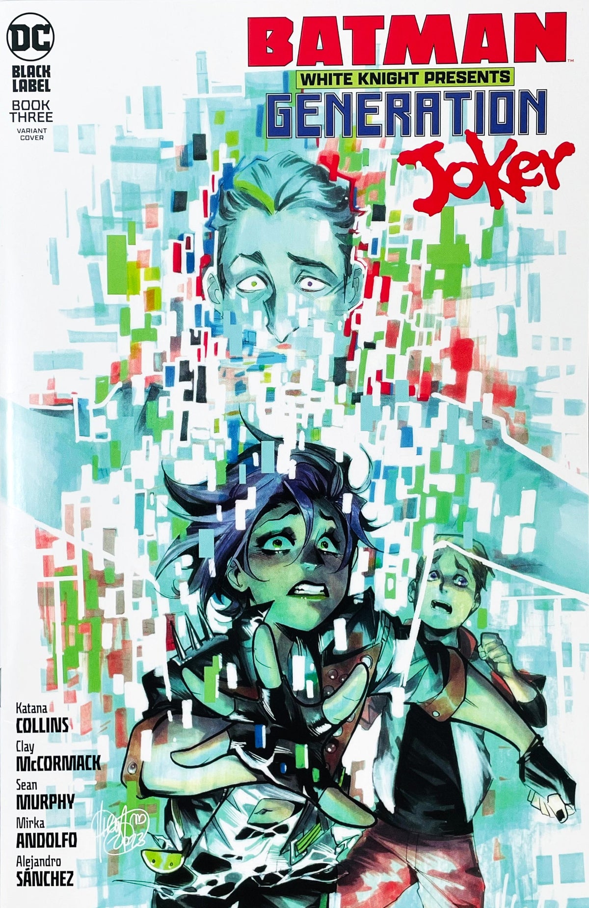 Batman White Knight Presents Generation Joker issue 3 comic book published by DC Black Label featuring Mirka Andolfo variant cover art of Jack Napier hologram looming over Jackie and Bryce Quinzel with pixelated glitch graphics.