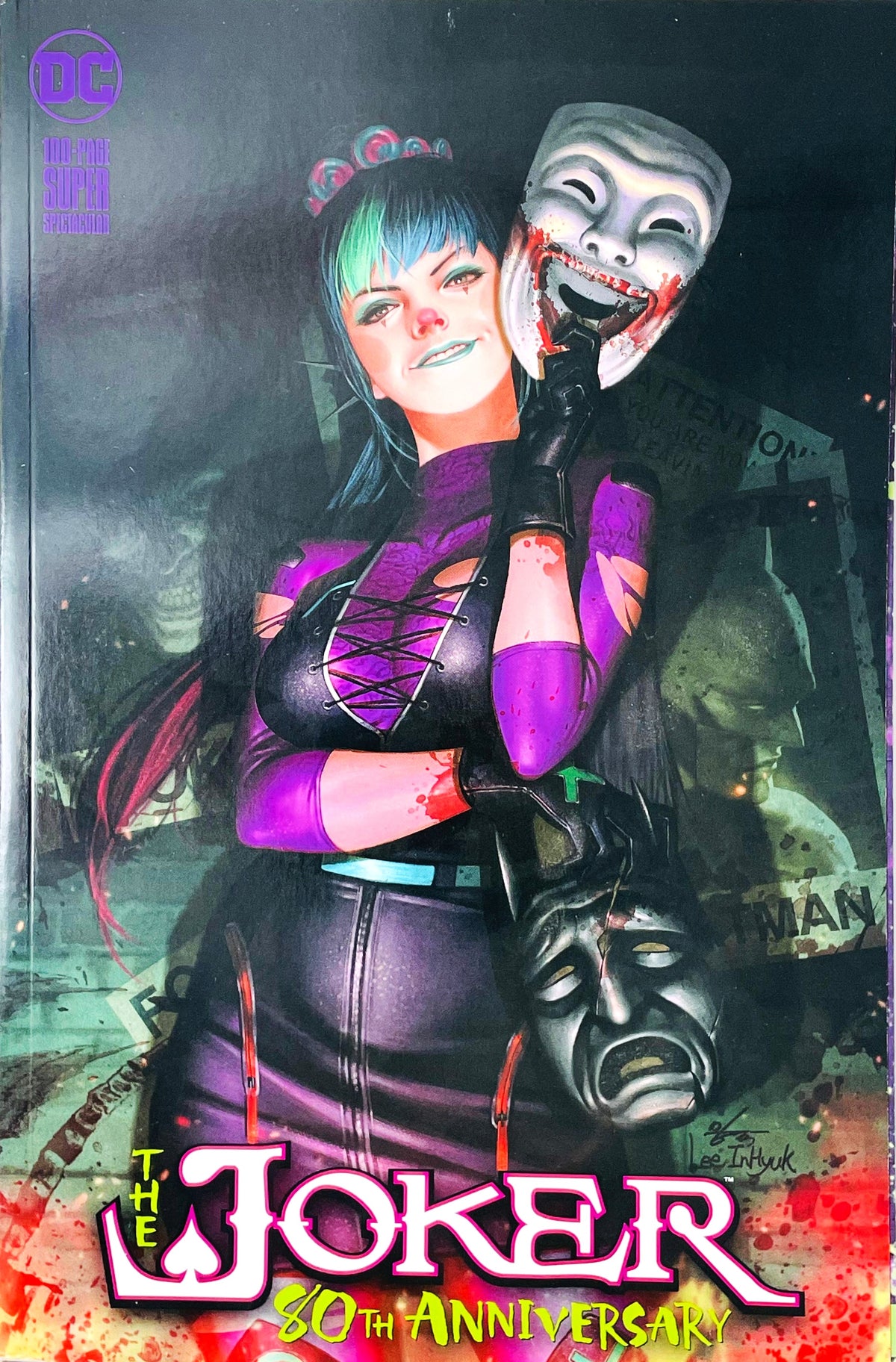 The Joker 80th Anniversary 100-Page Super Spectacular issue 1 comic book published by DC Comics featuring InHyuk Lee cardstock variant cover art of Punchline holding a smiling comedy mask and Batman cowl.