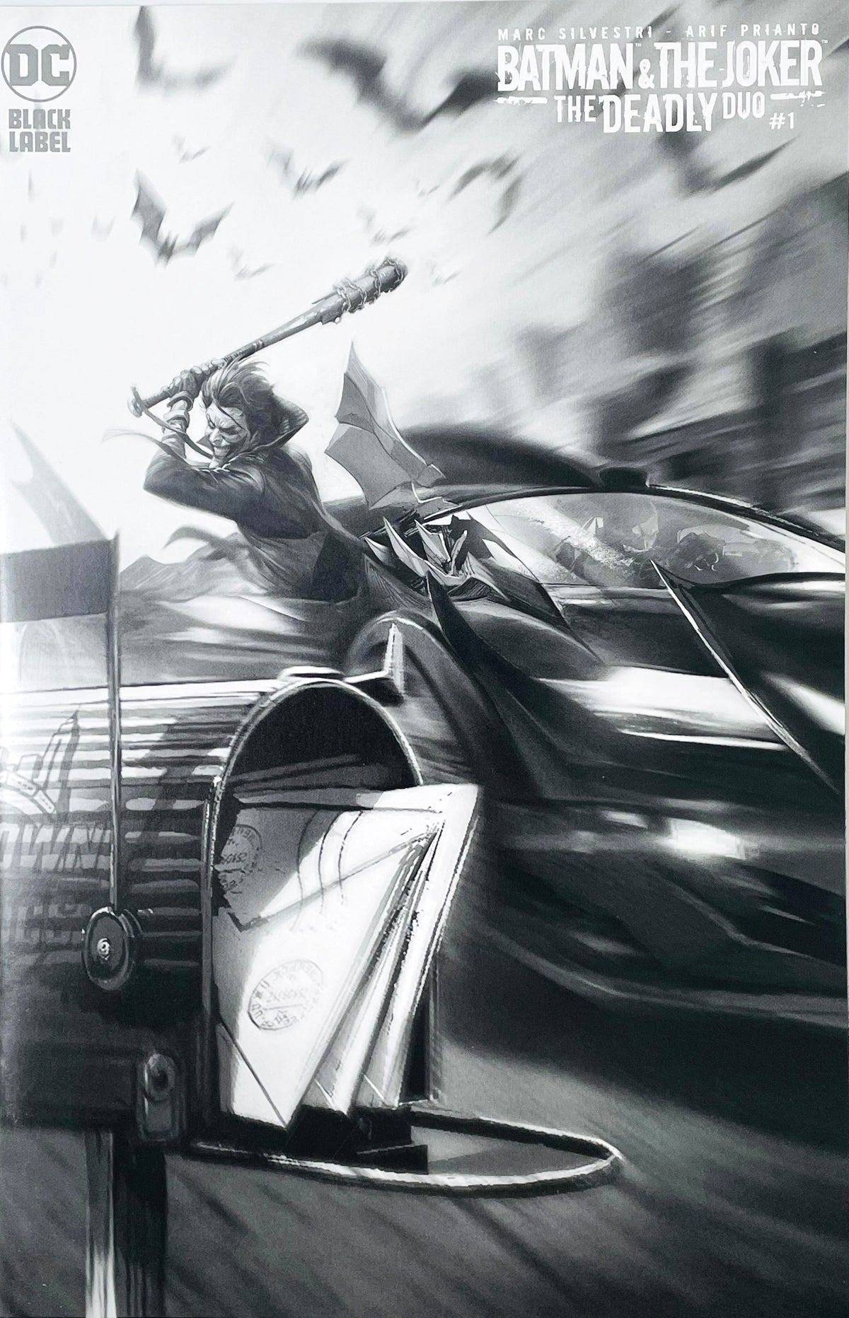 Batman and The Joker The Deadly Duo issue 1 comic book published by DC Black Label featuring Marc Silvestri black and white virgin variant cover art of Joker hanging out of the Batmobile with a barbed wire baseball bat.