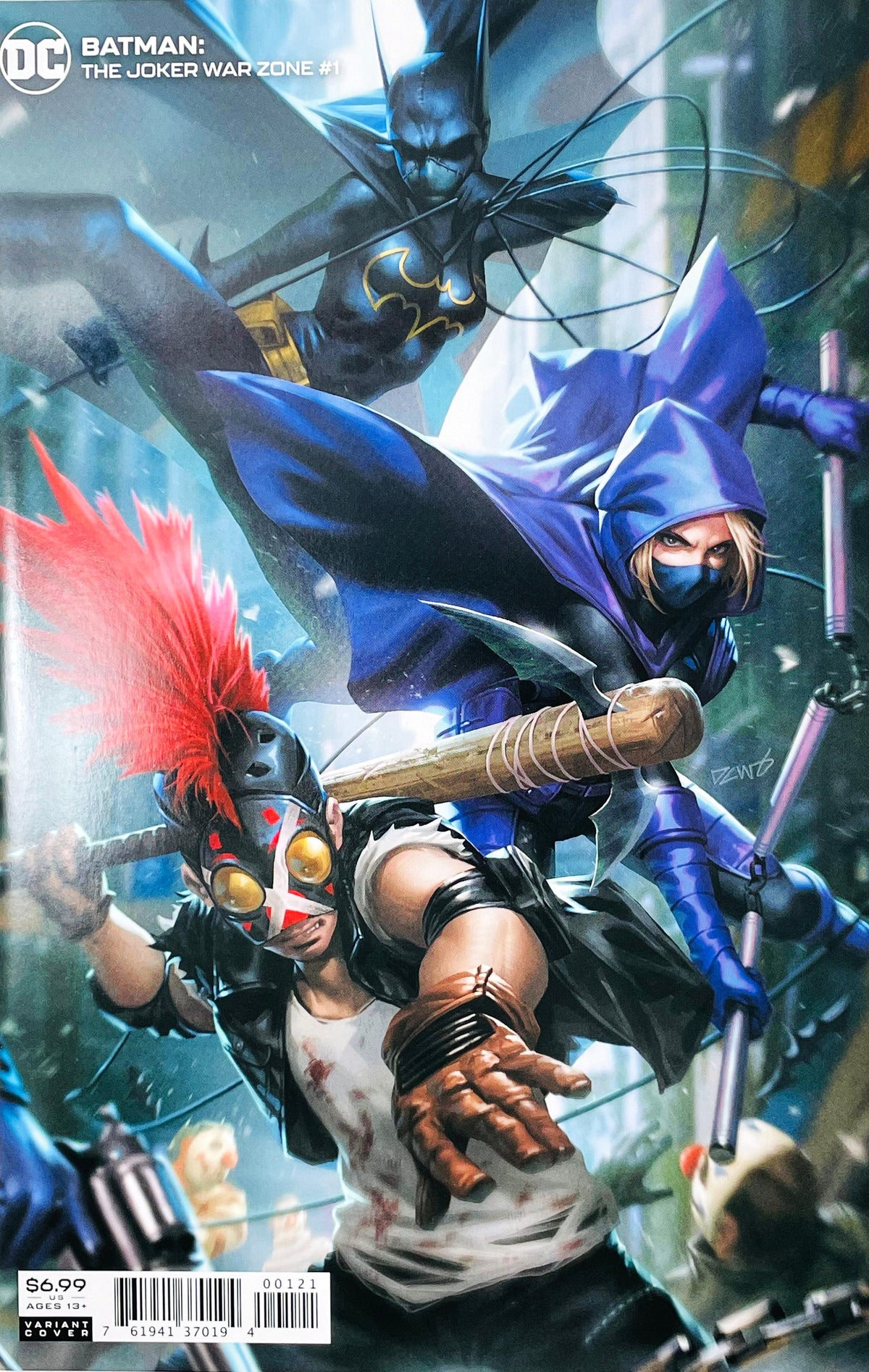 Batman The Joker War Zone issue 1 comic book published by DC Comics featuring Derrick Chew cardstock variant cover art of Clownhunter with a spiked bat alongside Cassandra Cain and Stephanie Brown.
