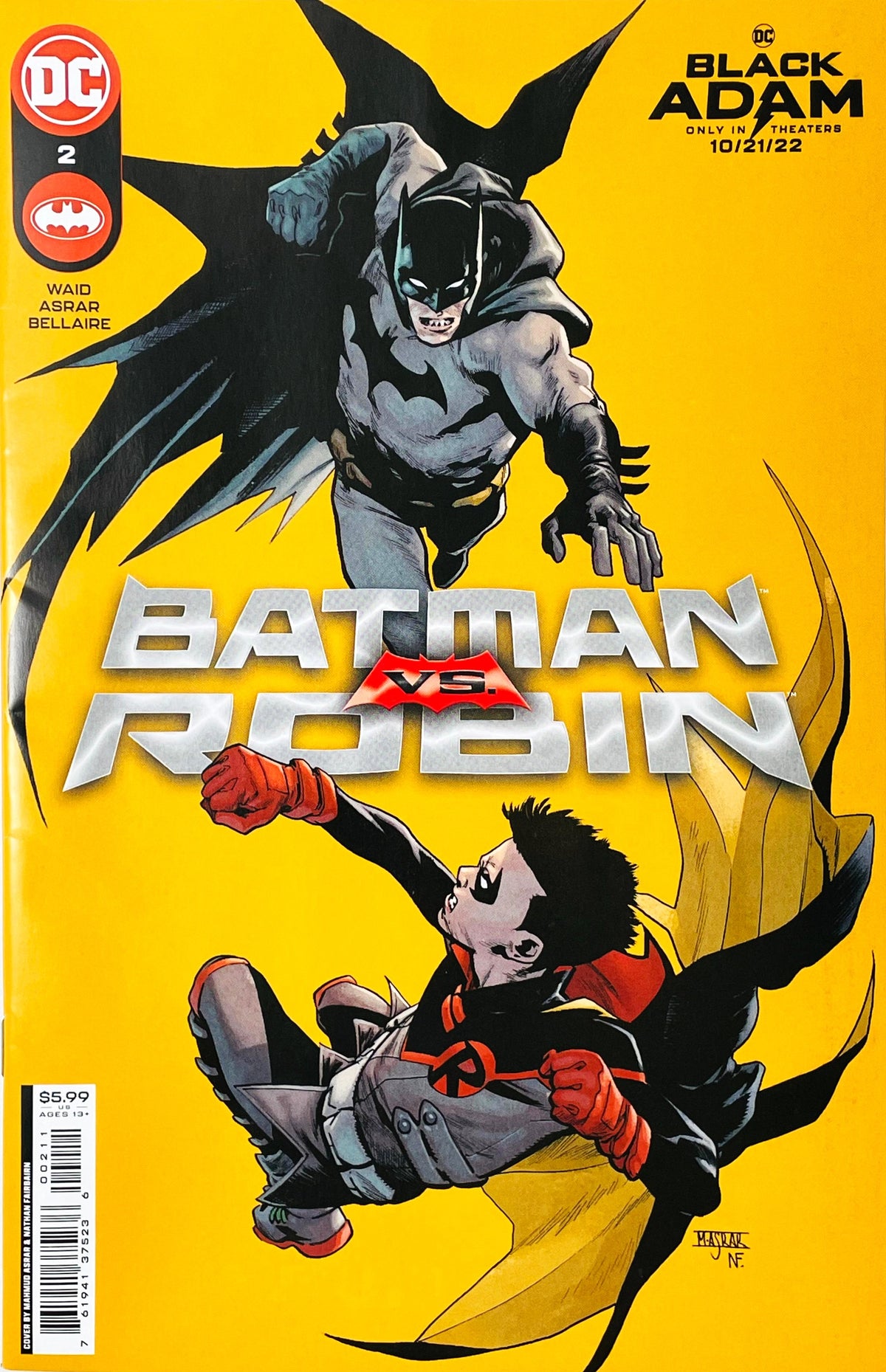 Batman vs Robin issue 2 comic book published by DC Comics featuring Mahmud Asrar cover art of Batman leaping down to fight Robin (Damian Wayne) against a bright yellow background.