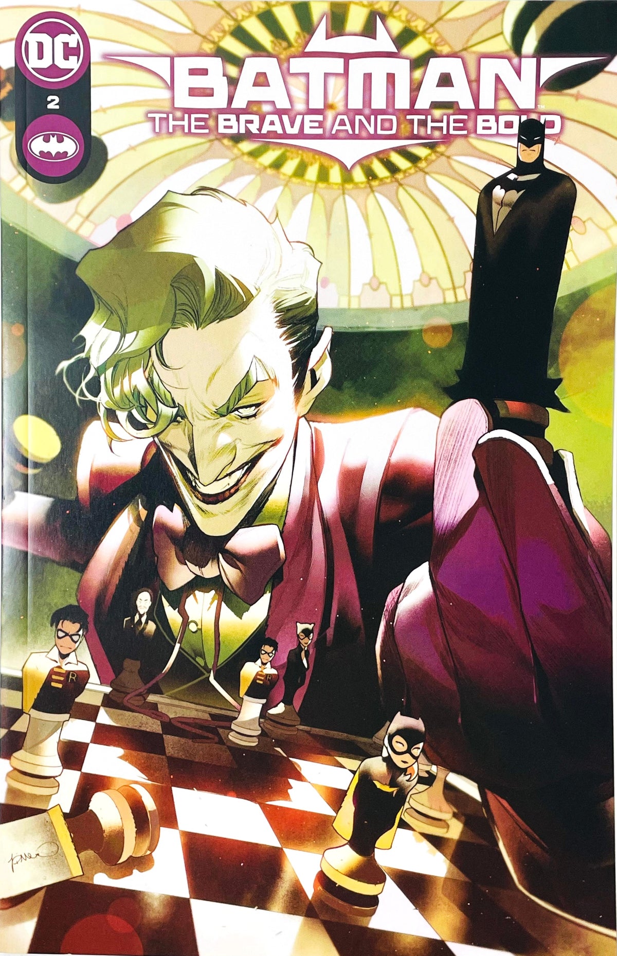 Batman The Brave and the Bold issue 2 comic book published by DC Comics featuring Simone Di Meo cover art of the Joker playing chess with Bat-family chess pieces.
