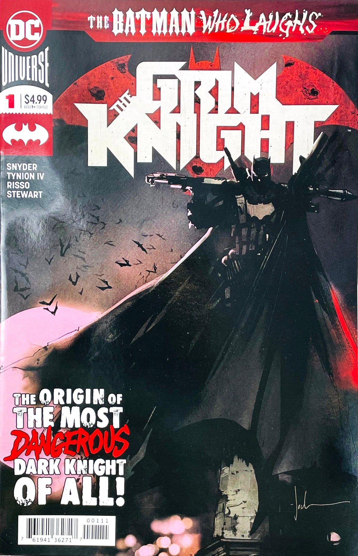 The Batman Who Laughs The Grim Knight issue 1 comic book published by DC Comics featuring Jock cover art of a heavily armed Grim Knight silhouette against a red moon with bats.