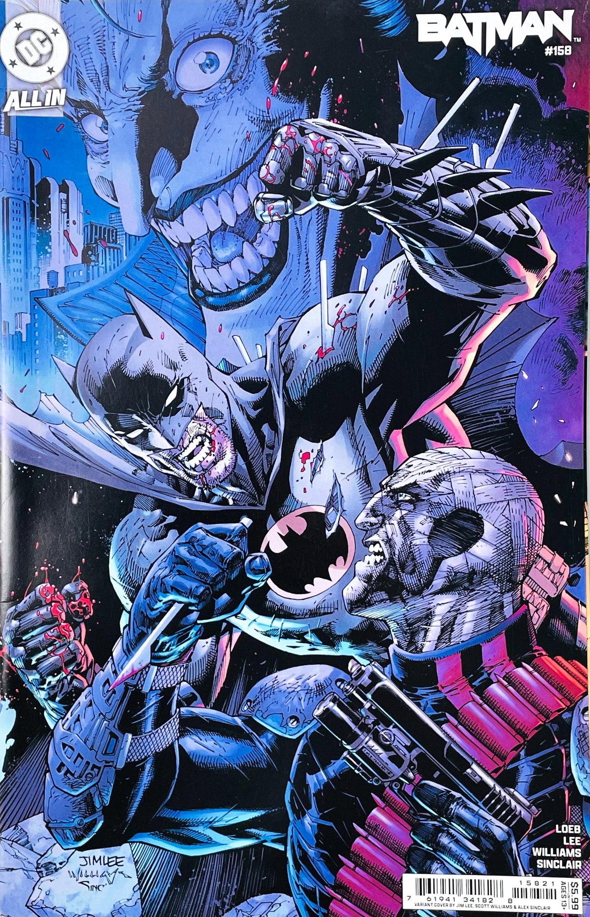 Batman issue 158 comic book published by DC Comics featuring Jim Lee variant cover art of a battle damaged Batman fighting Hush with a giant Joker lurking behind them in Gotham.