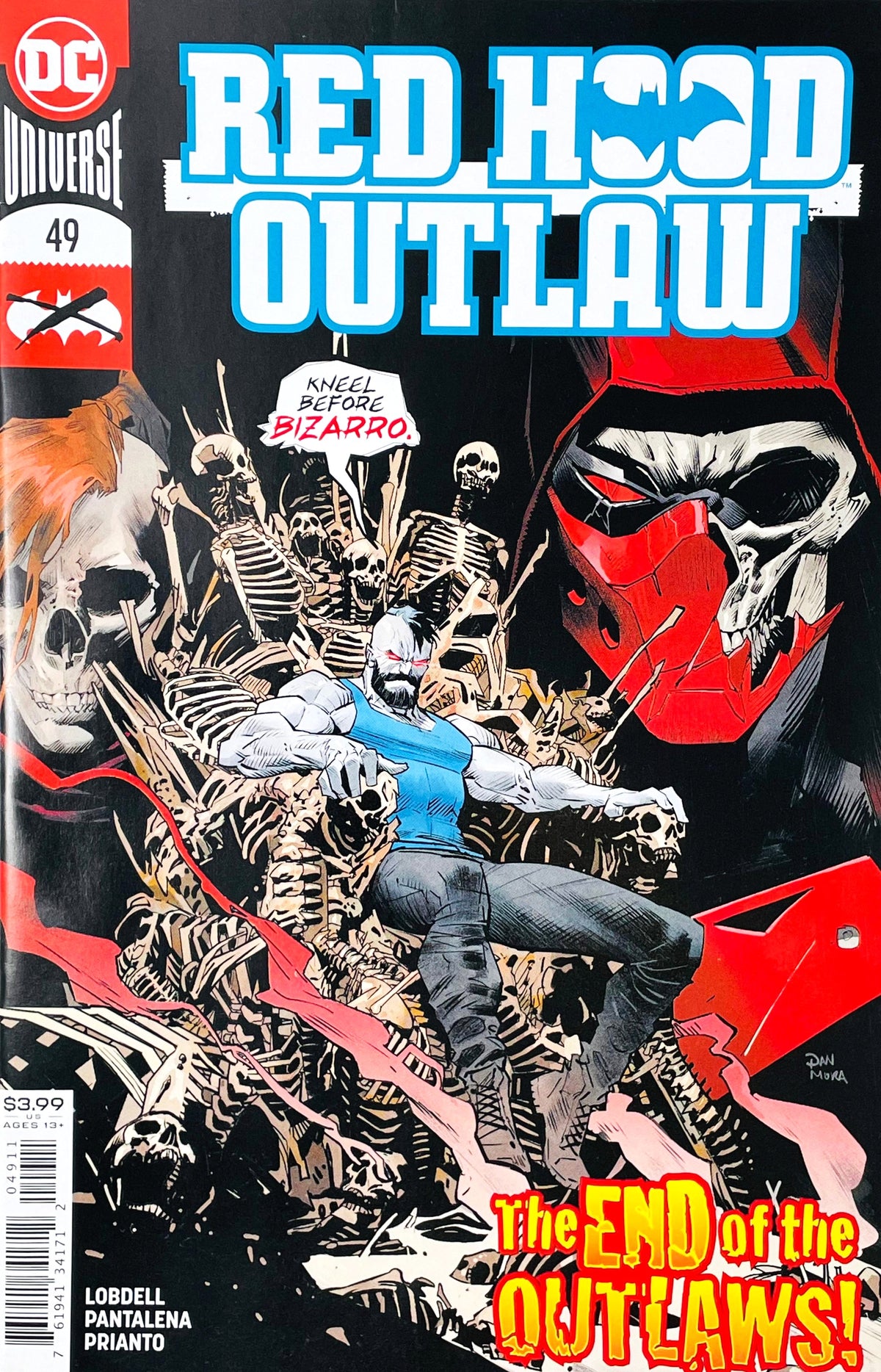 Red Hood Outlaw issue 49 comic book published by DC Comics featuring Dan Mora cover art of Bizarro sitting on a throne of skeletons flanked by Red Hood and Artemis.