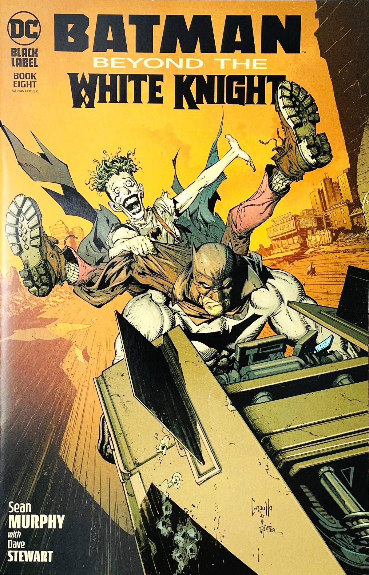 Batman Beyond the White Knight issue 8 comic book published by DC Black Label featuring Greg Capullo variant cover art of Bruce Wayne driving a Bat-vehicle with a wild laughing Joker riding on his back.