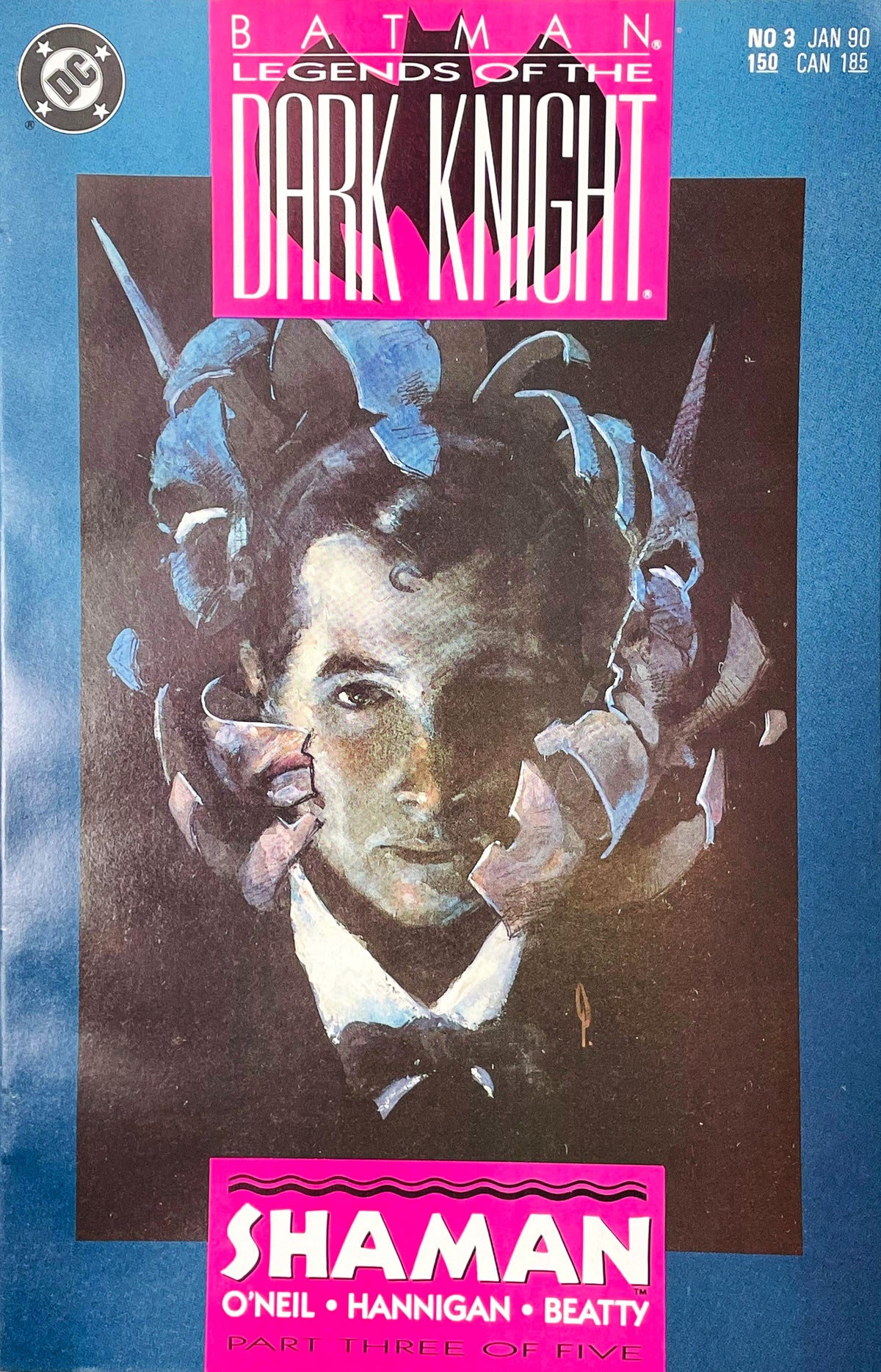Batman Legends of the Dark Knight issue 3 comic book published by DC Comics in 1990 featuring George Pratt painted cover art of Bruce Wayne with a shattering Batman cowl.