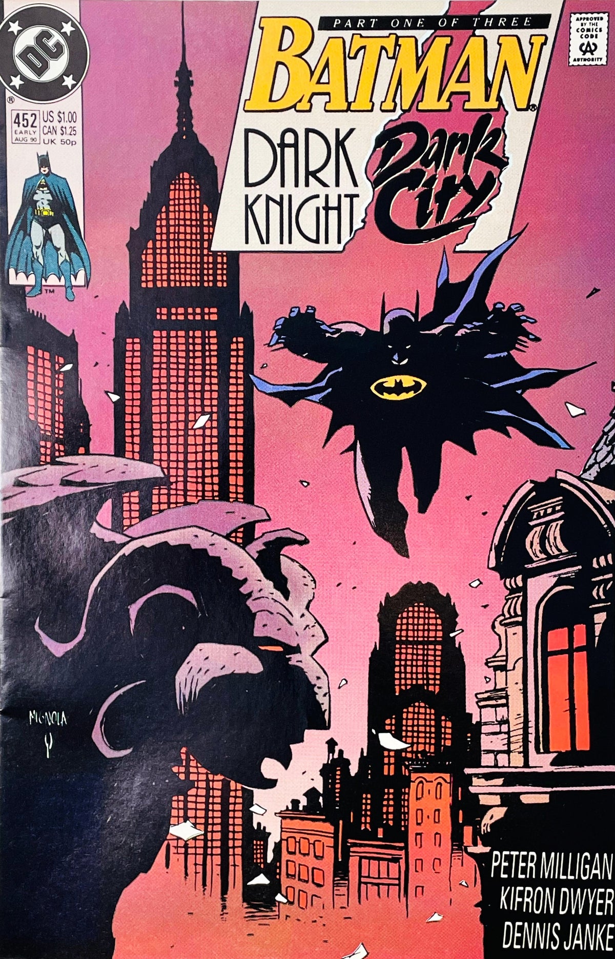 Batman issue 452 comic book published by DC Comics in 1990 featuring Mike Mignola cover art of Batman flying over a gothic Gotham City skyline.