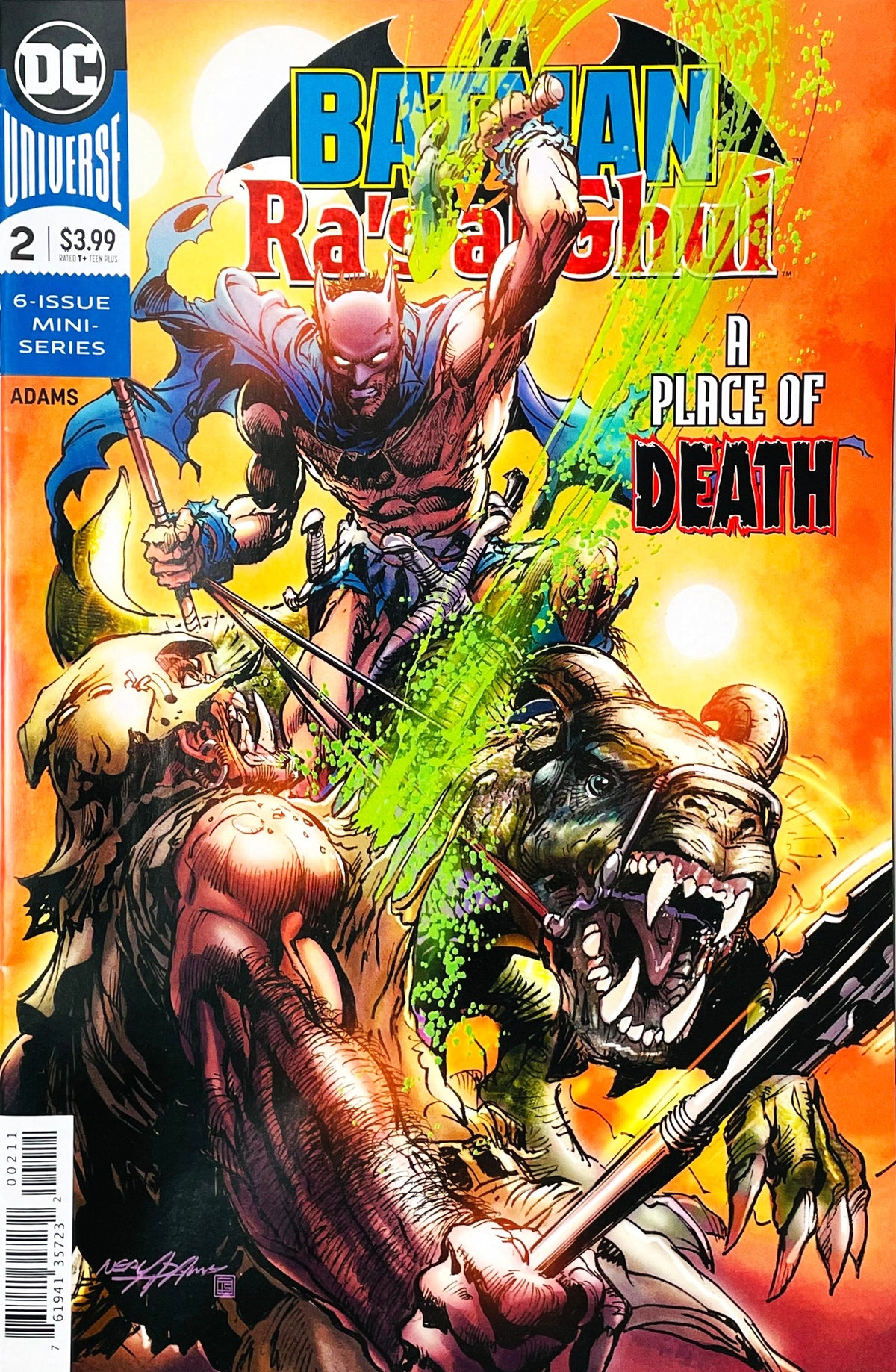 Batman vs Ras Al Ghul issue 2 comic book published by DC Comics featuring Neal Adams cover art of Batman fighting a giant beast with text reading A Place of Death.