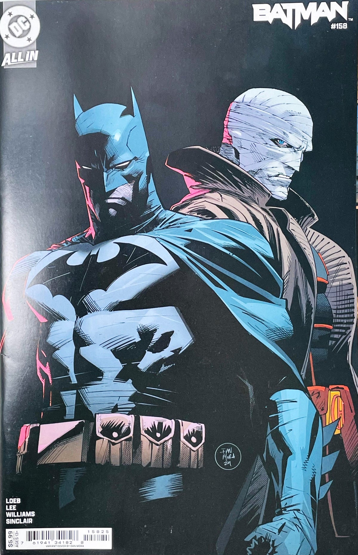 Batman issue 158 comic book published by DC Comics featuring Dan Mora variant cover art of Batman and Hush standing back to back.