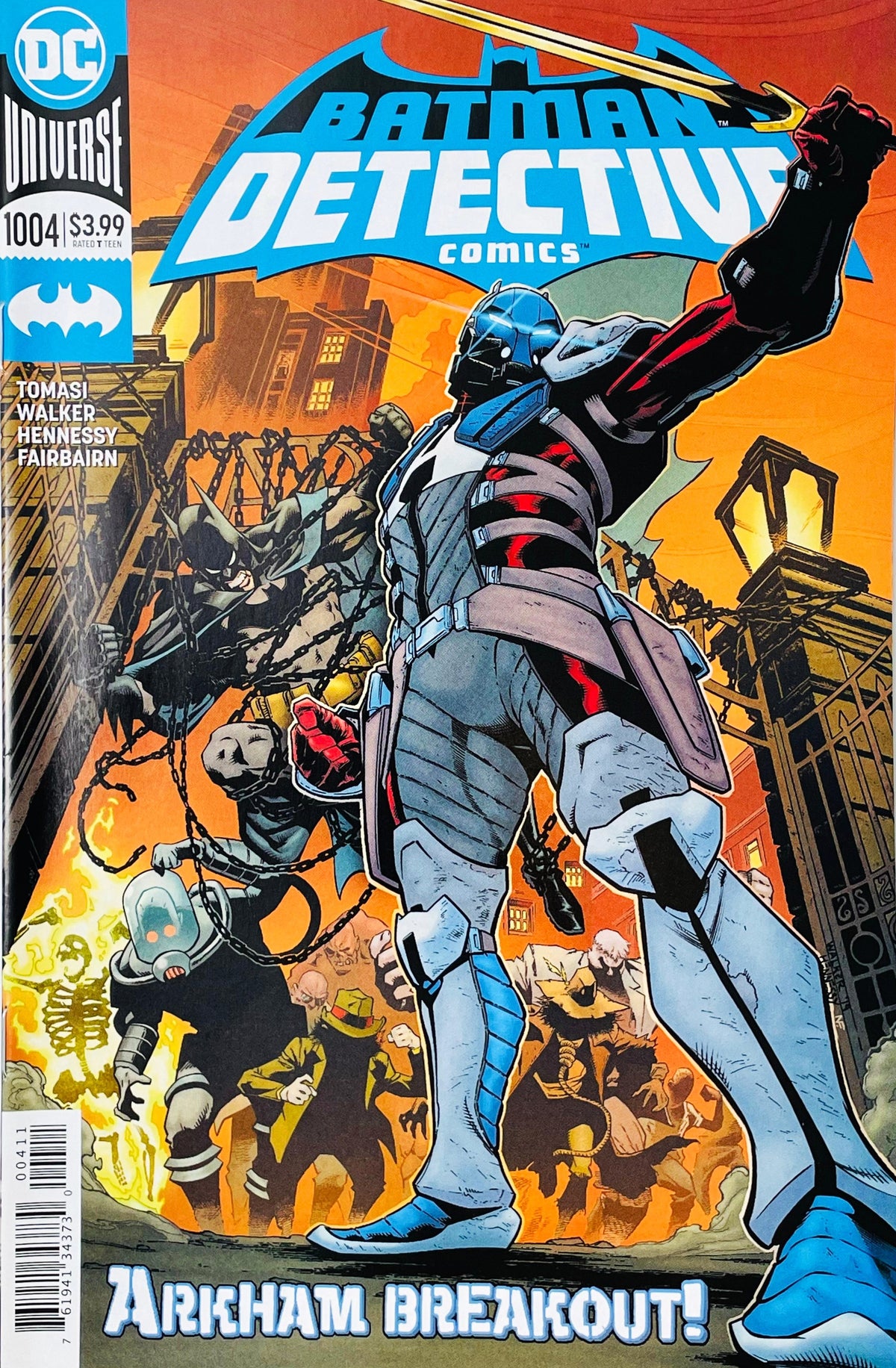 Detective Comics issue 1004 comic book published by DC Comics featuring Brad Walker cover art of Arkham Knight holding a sword with Batman chained behind Arkham villains.