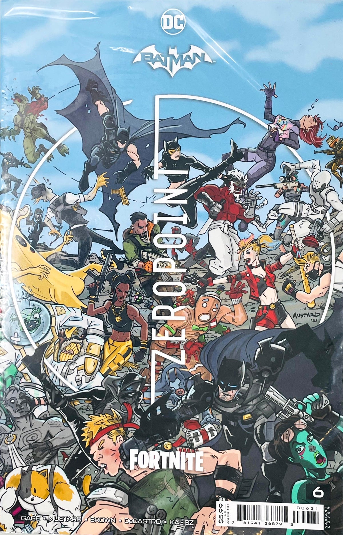 Batman Fortnite Zero Point issue 6 comic book published by DC Comics featuring Donald Mustard variant cover art of Batman, Catwoman, Harley Quinn, and Fortnite characters in battle.