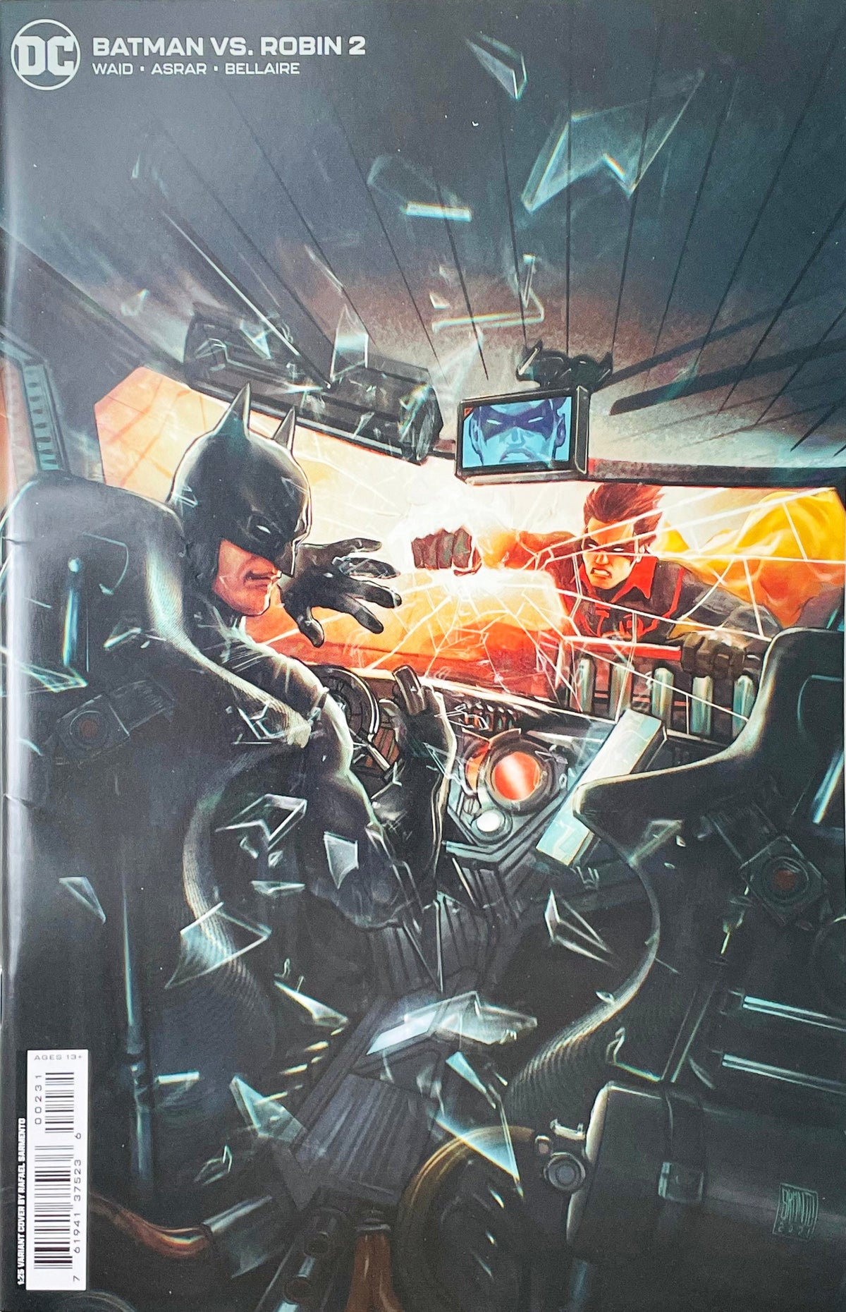 Batman vs Robin issue 2 comic book published by DC Comics featuring 1:25 Rafael Sarmento ratio variant cover art of Robin punching through the Batmobile windshield at Batman.