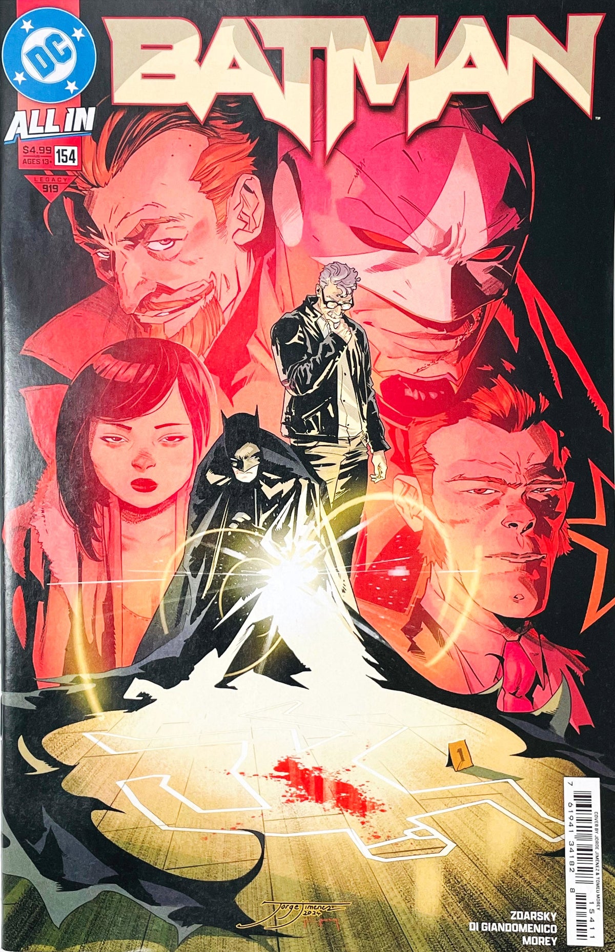 Batman issue 154 comic book published by DC Comics featuring Jorge Jiménez cover art of Batman inspecting a chalk crime scene surrounded by red portraits of Gordon and Vandal Savage.