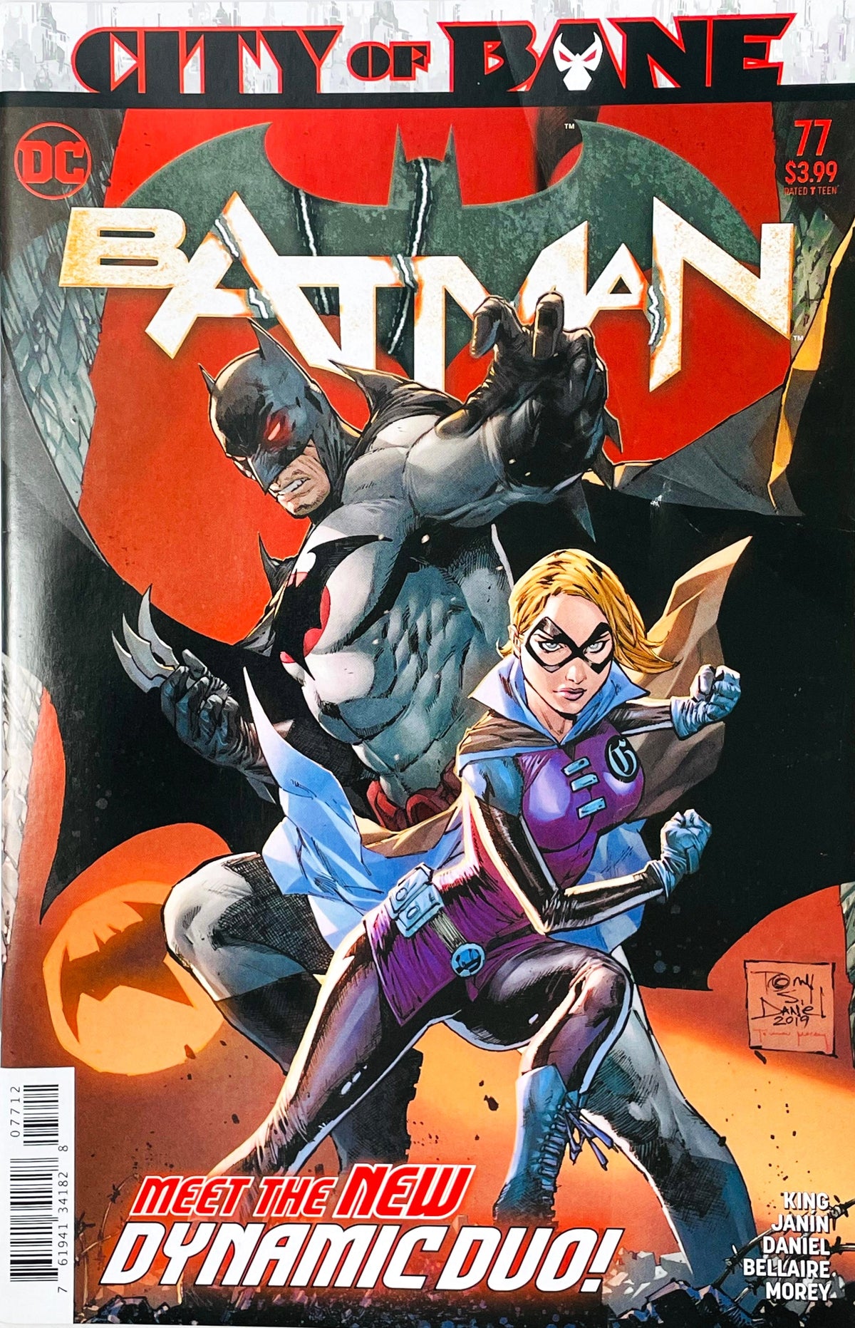 Batman issue 77 comic book published by DC Comics featuring Tony S. Daniel cover art of Flashpoint Batman and Gotham Girl with text reading Meet the New Dynamic Duo.