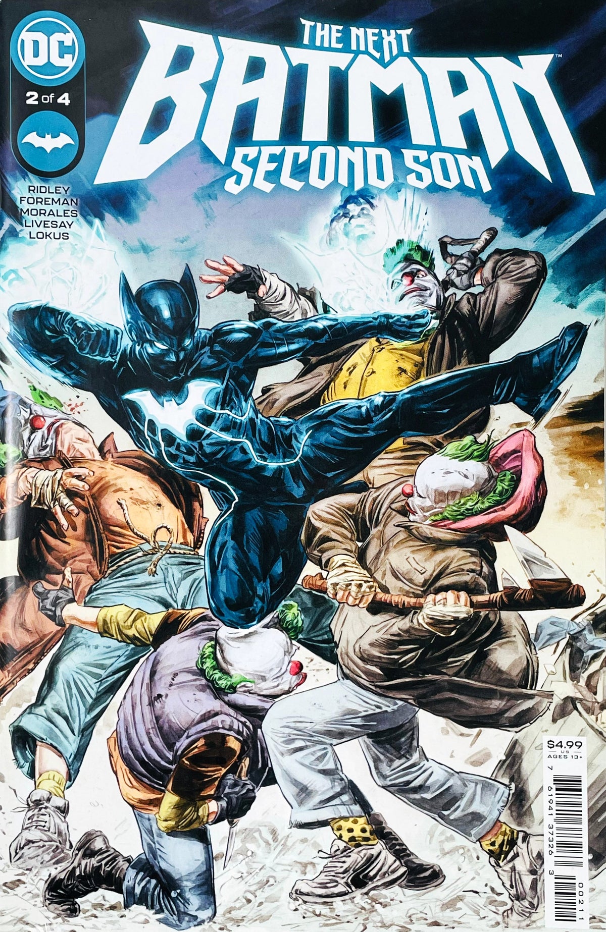 The Next Batman Second Son issue 2 comic book published by DC Comics featuring Doug Mahnke cover art of Jace Fox performing a mid-air kick against Joker goons.