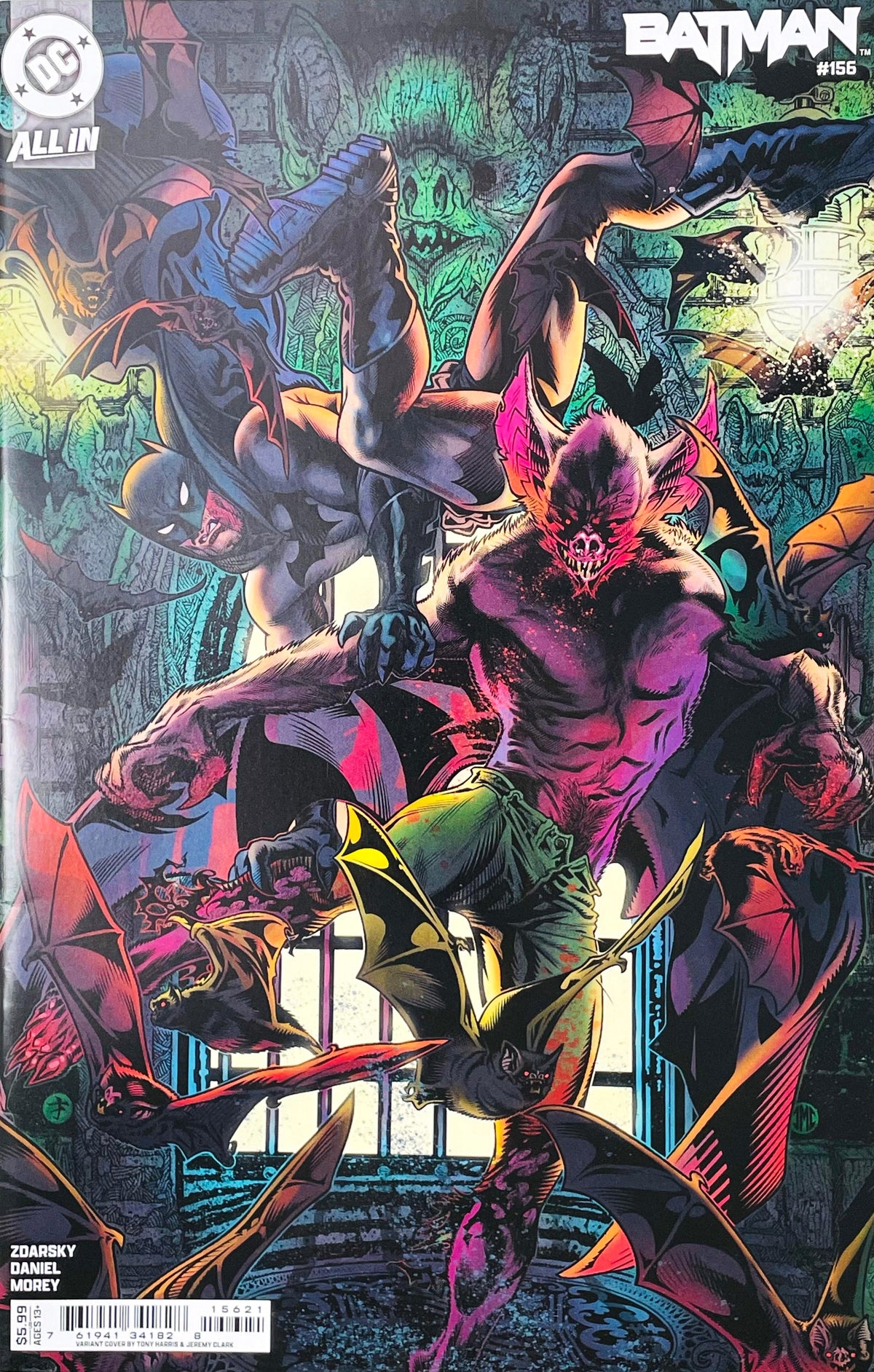 Batman issue 156 comic book published by DC Comics featuring Tony Harris card stock variant cover art of Batman grappling mid-air with Man-Bat surrounded by swarming bats.