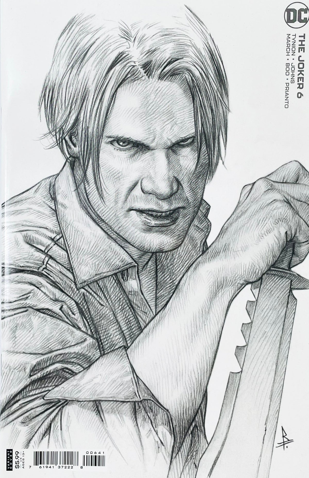 The Joker issue 6 comic book published by DC Comics featuring Riccardo Federici black and white pencil sketch variant cover art of a sinister man holding a knife.