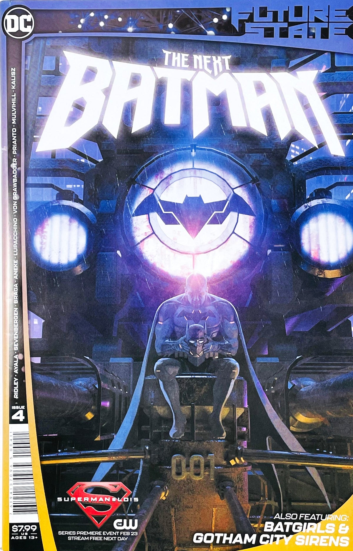 Future State The Next Batman issue 4 comic book published by DC Comics featuring Ladönn cover art of Jace Fox sitting in a batcave holding his cowl under a glowing Bat Signal.