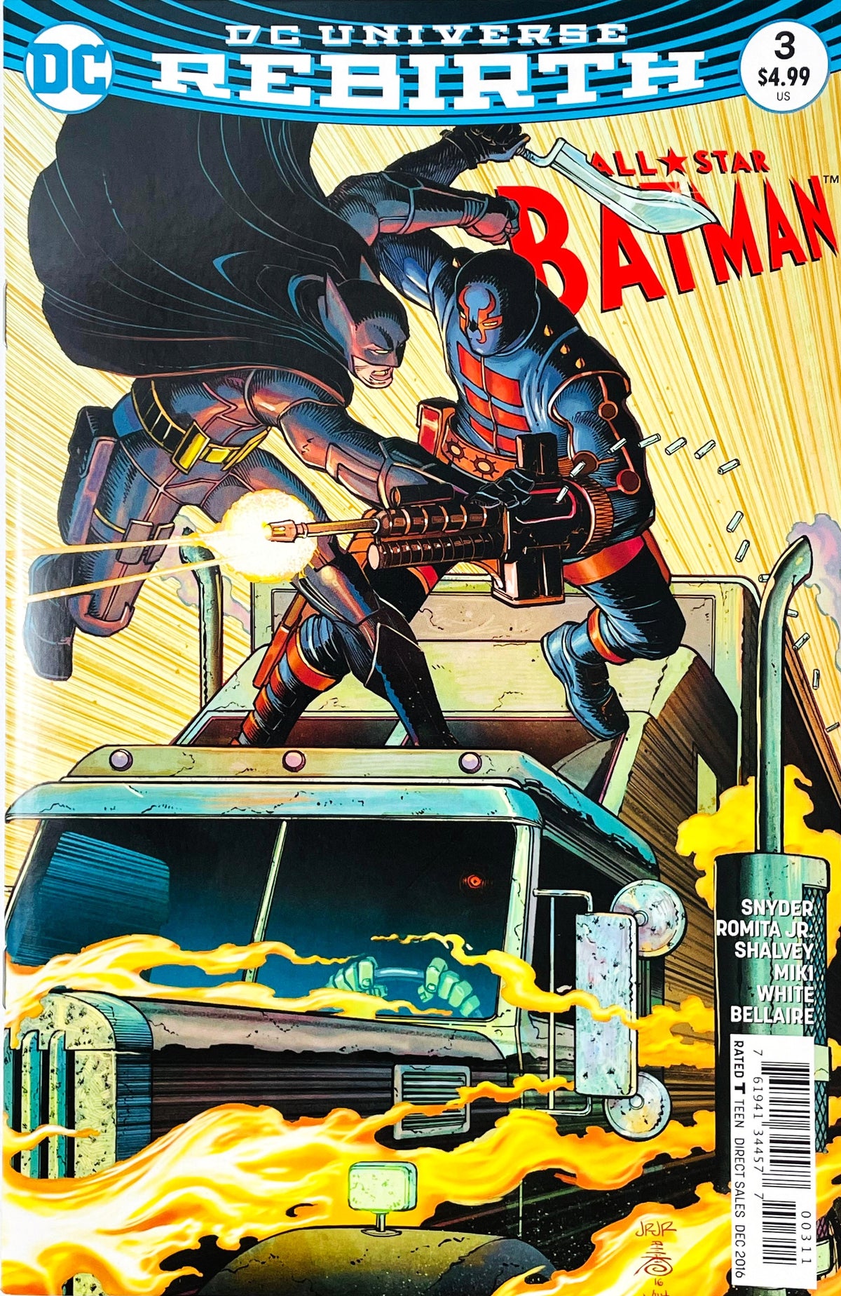 All-Star Batman issue 3 comic book published by DC Comics featuring John Romita Jr cover art of Batman fighting KGBeast on top of a flaming truck.
