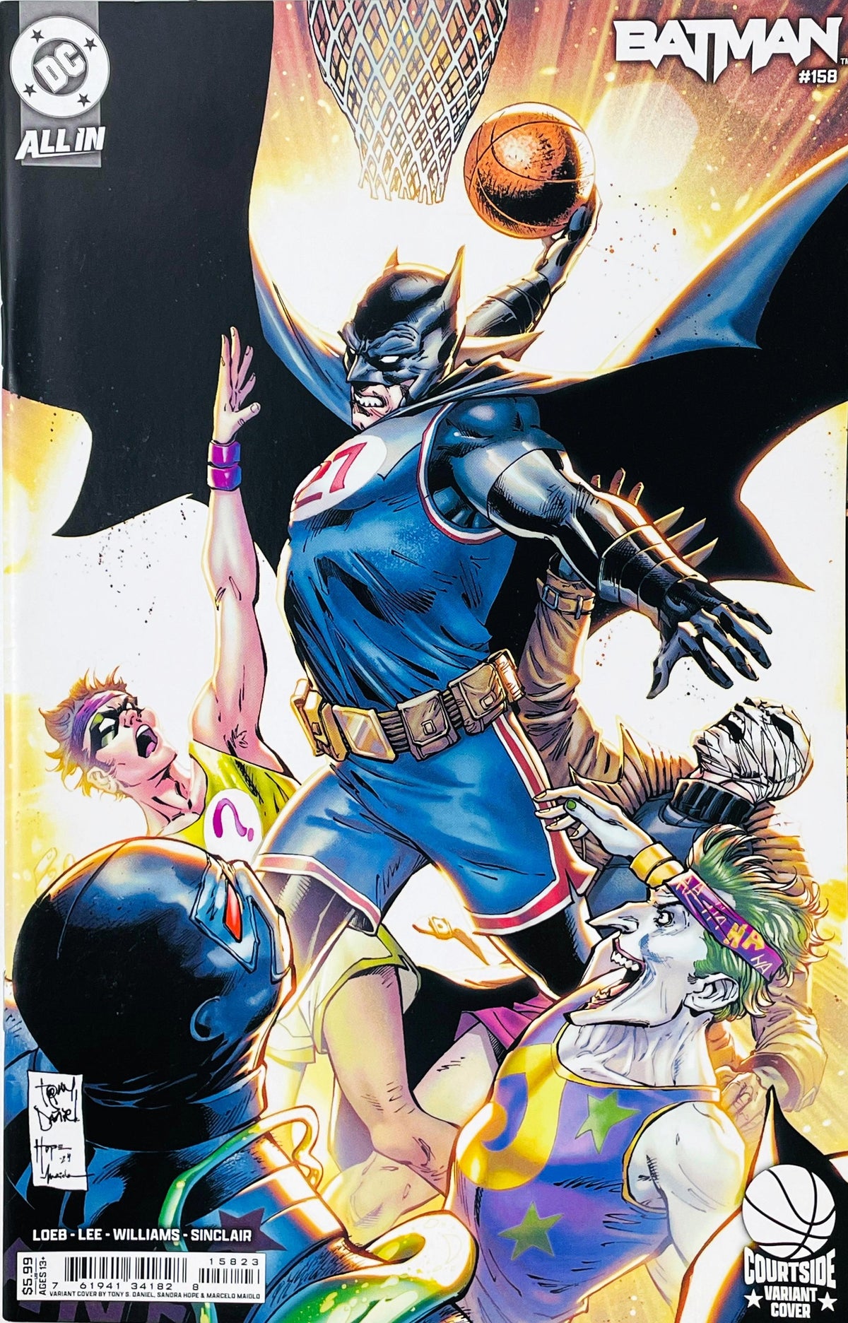 Batman issue 158 comic book published by DC Comics featuring Tony S. Daniel Courtside variant cover art of Batman dunking a basketball over Joker and Riddler.