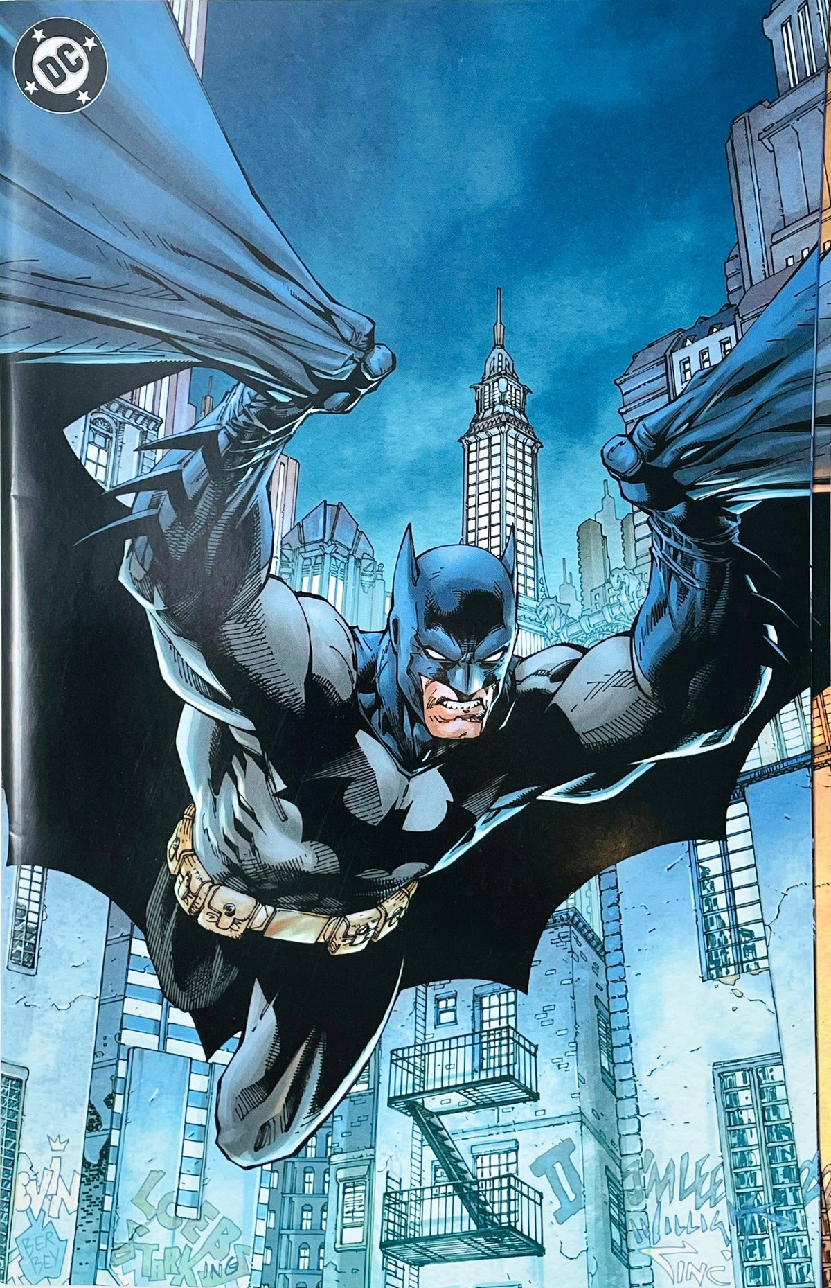 Batman issue 157 comic book published by DC Comics featuring Jim Lee textless virgin variant cover art of Batman gliding over Gotham City skyscrapers with cape outstretched.