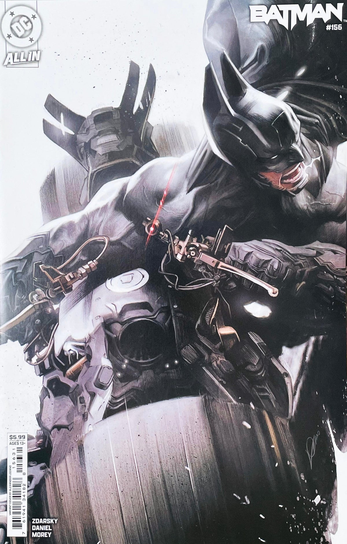 Batman issue 156 comic book published by DC Comics featuring Alexander Lozano variant cover art of Batman riding a high-speed high-tech Batcycle.